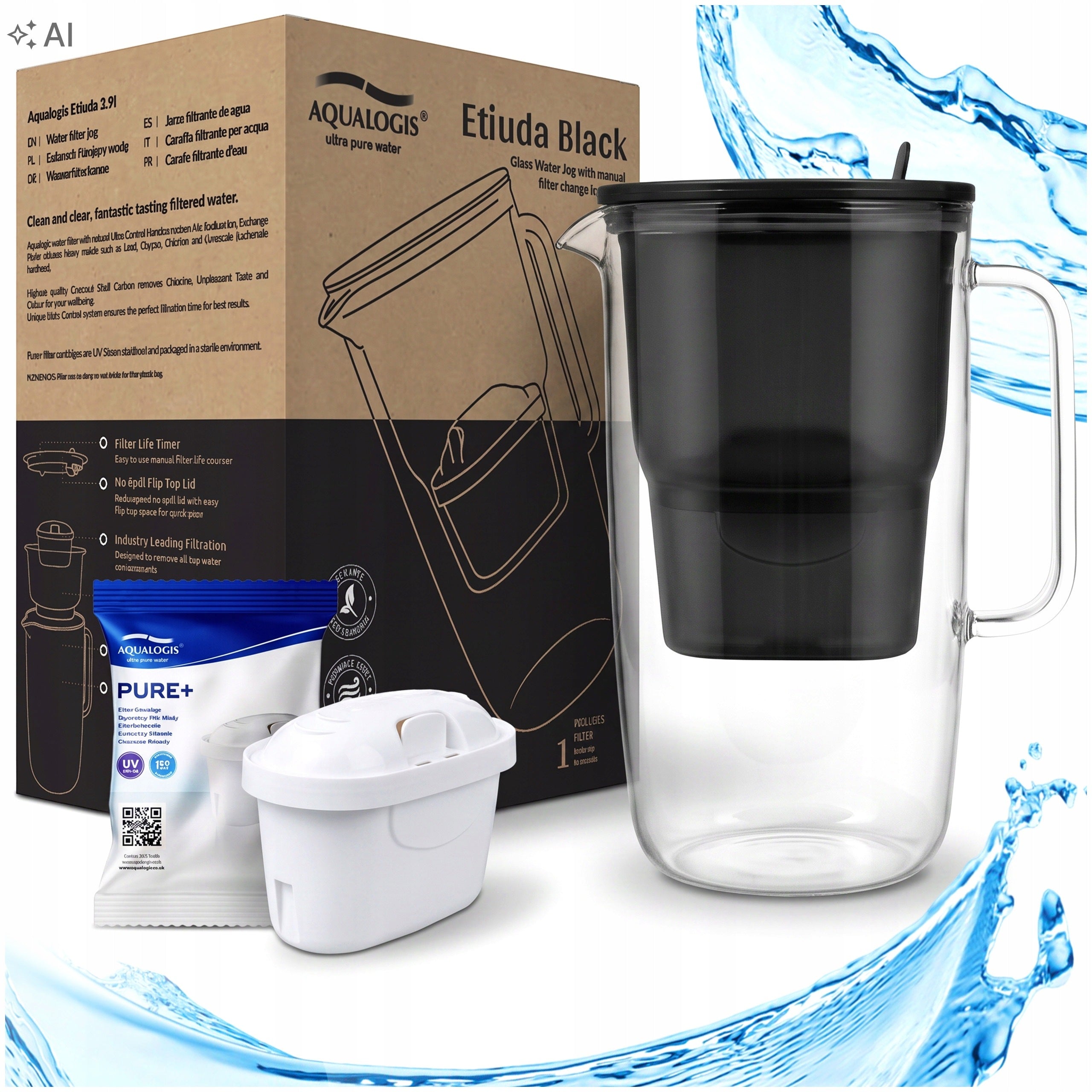 GLASS FILTER JUG ETUDE BLACK 2.9L AQUALOGIS + CARTRIDGE