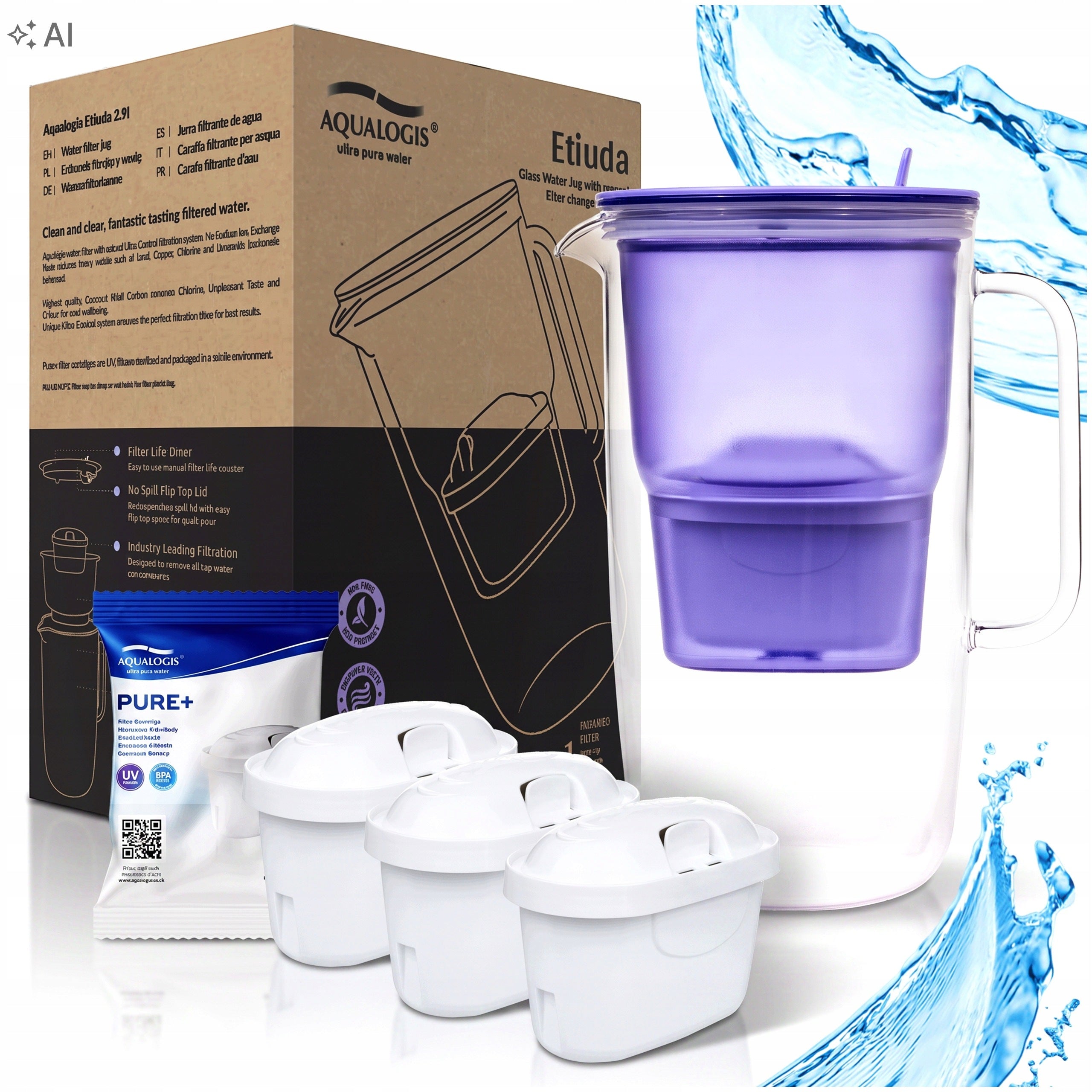 GLASS FILTER JUG LAVENDER BOROSILICATE ETUDES + 3x PURE+ CARTRIDGE