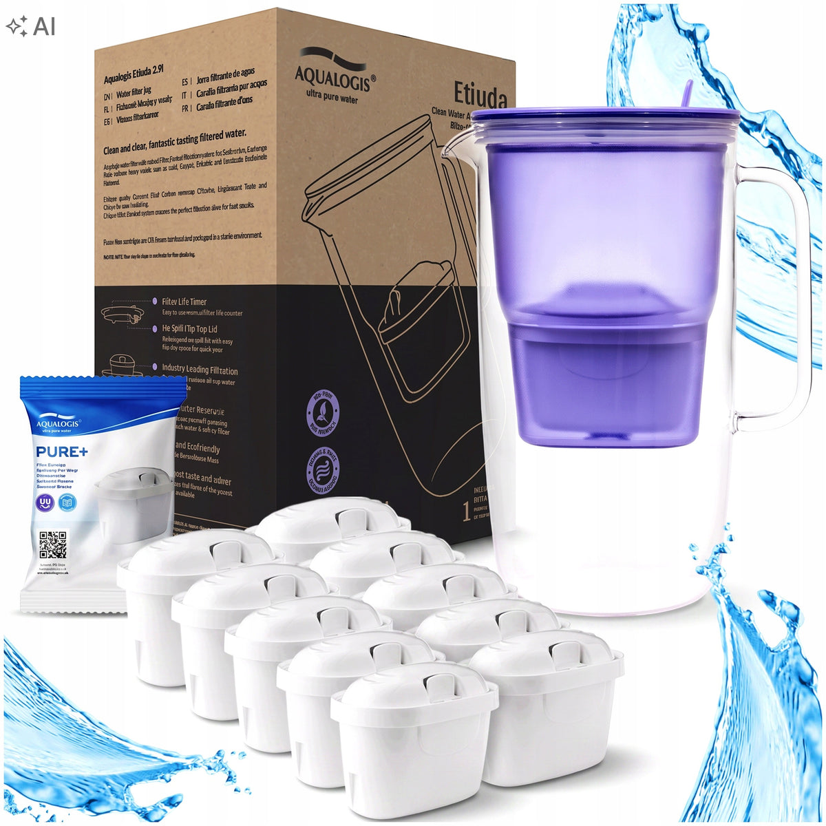 GLASS FILTER JUG LAVENDER ETUDES + 10 x PURE+ REPLACEMENT CARTRIDGES