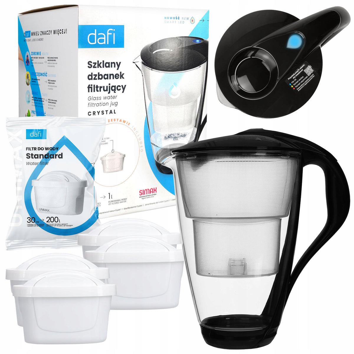 GLASS JUG DAFI UNIMAX LED black + 5x CARTRIDGE