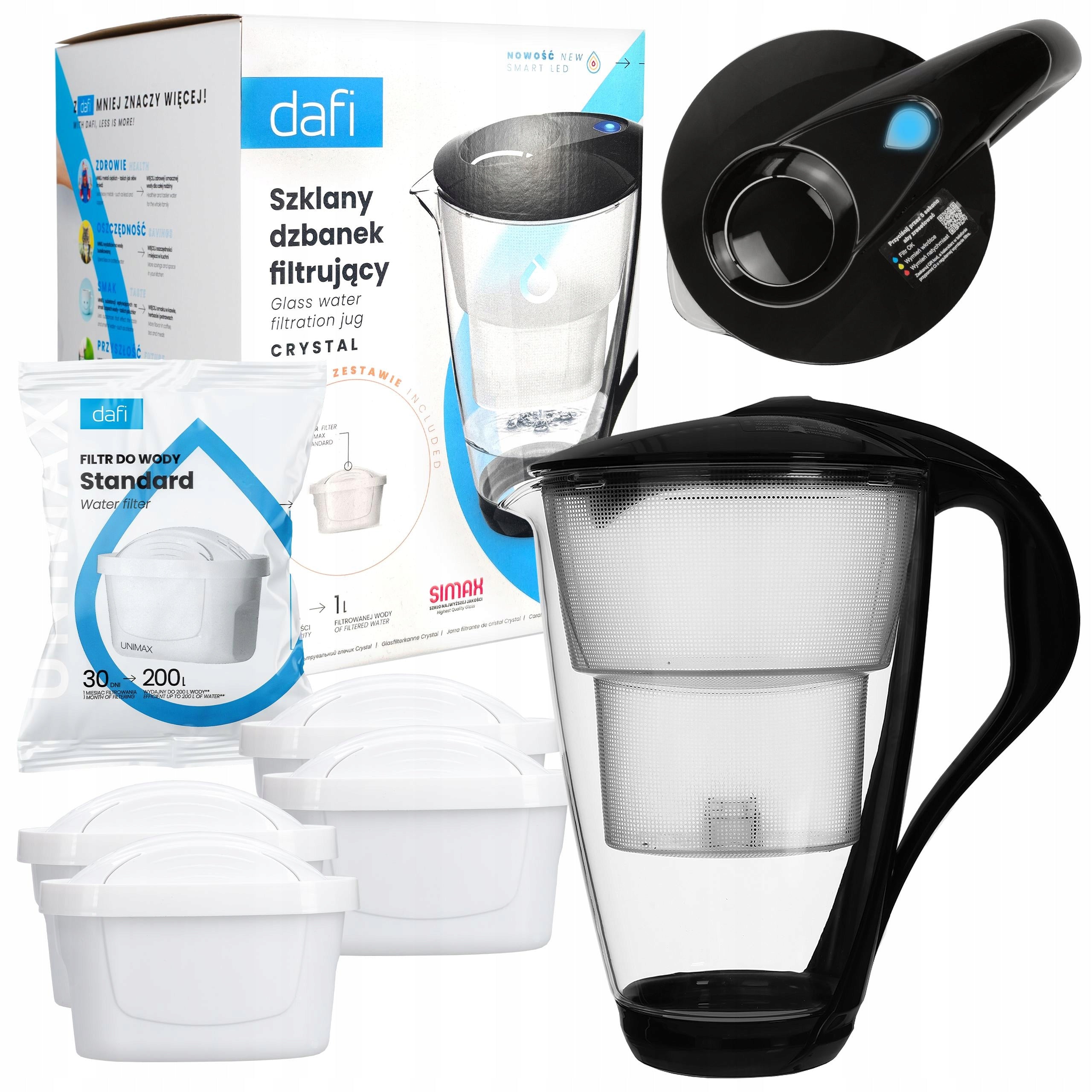 GLASS JUG DAFI UNIMAX LED black + 5x CARTRIDGE
