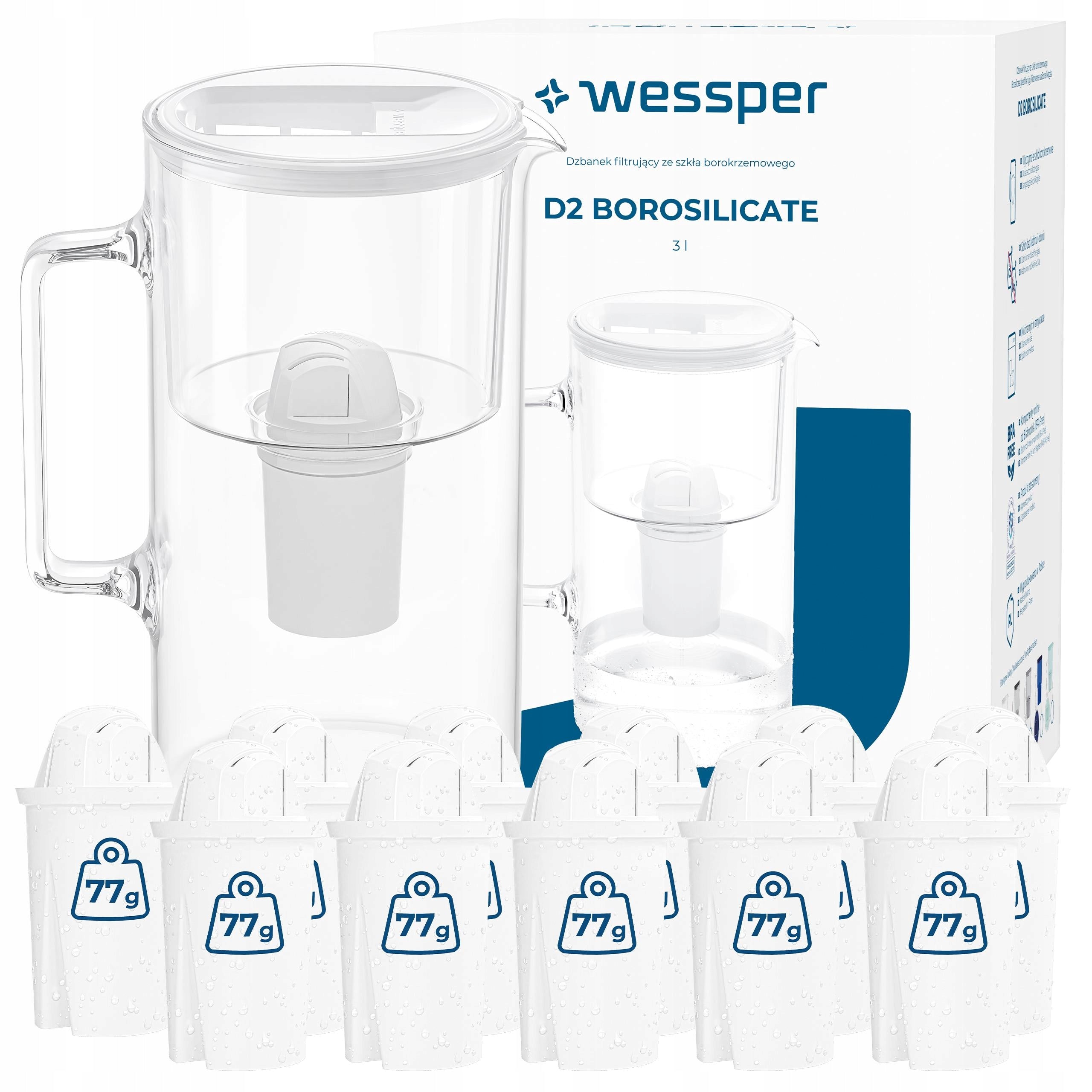 GLASS JUG WESSPER D2 BOROSILICATE 3l + 12x Filter Wessper aquaclassic