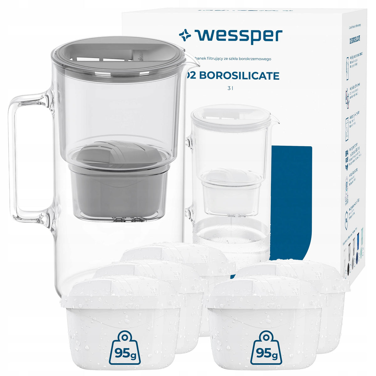 GLASS JUG WESSPER D2 BOROSILICATE 3l + 6x FILTER WATER CARTRIDGE WESSPER