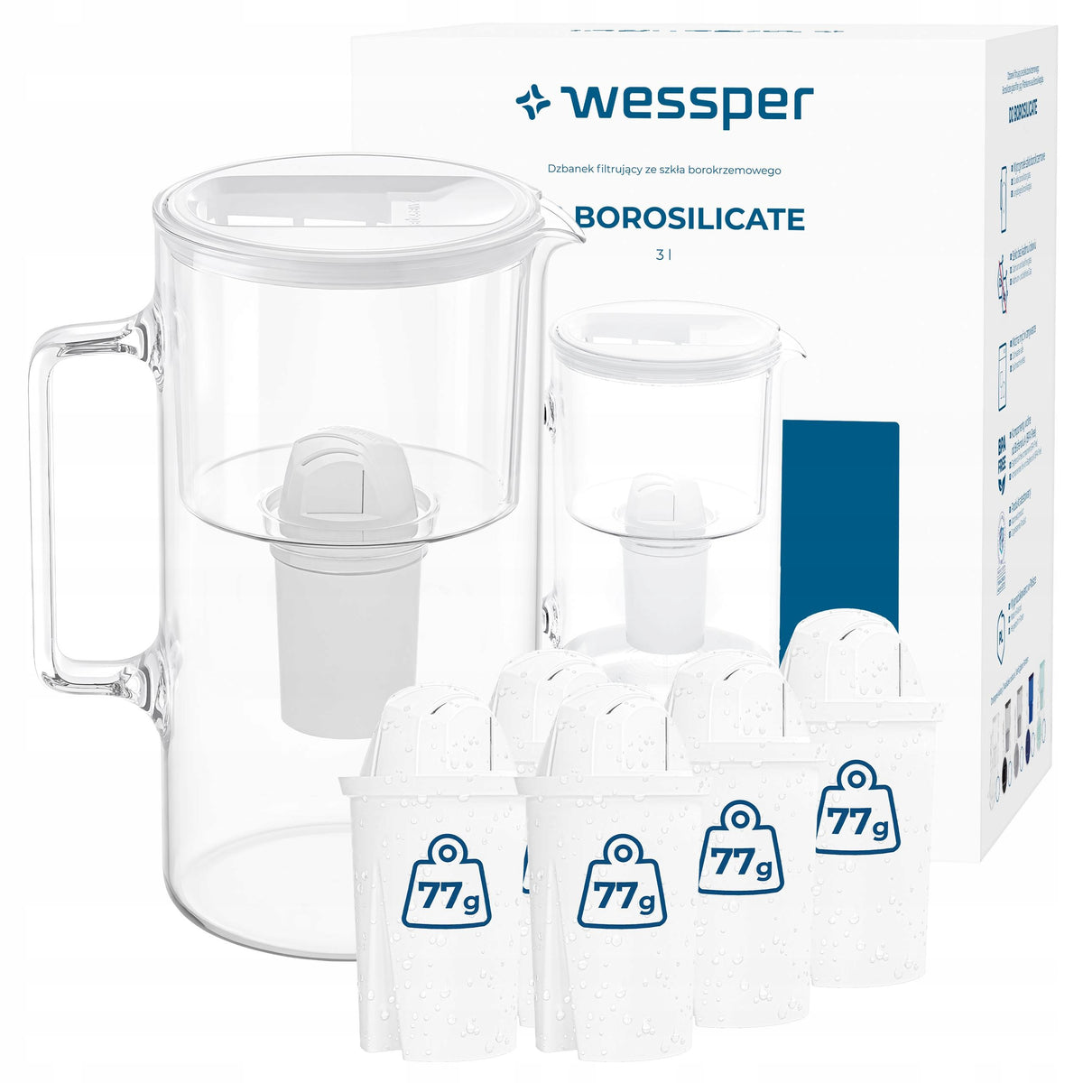 GLASS JUG WESSPER D2 BOROSILICATE AQUACLASSIC 3l + 6x Filter Cartridge