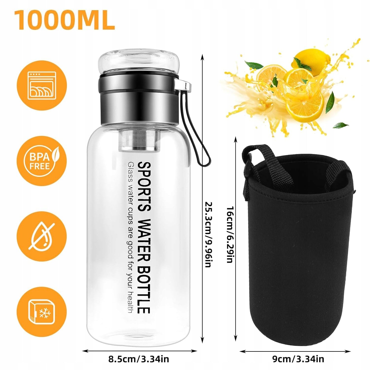 GLASS TEA BOTTLE, 1L TAKEAWAY JUICE BOTTLE, WATER BOTTLE Volume 1000 ml