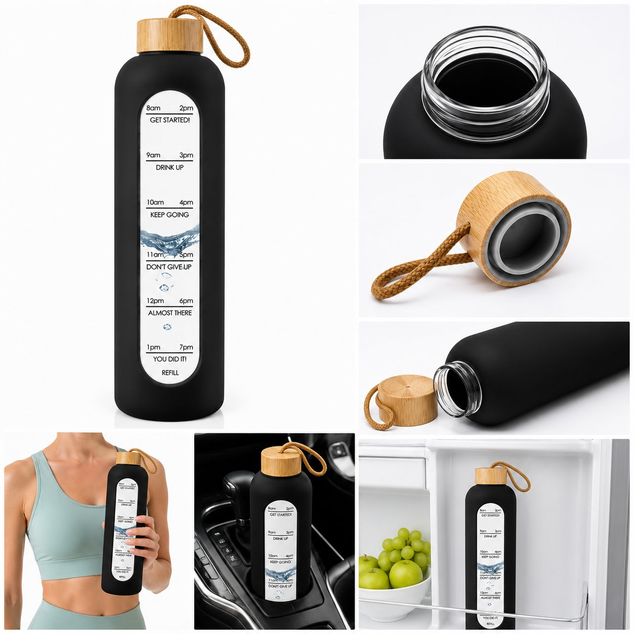 GLASS WATER BOTTLE 750 ML SILICONE CASE MOTIVATIONAL MEASURING CUP WATER BOTTLE Brand no brand