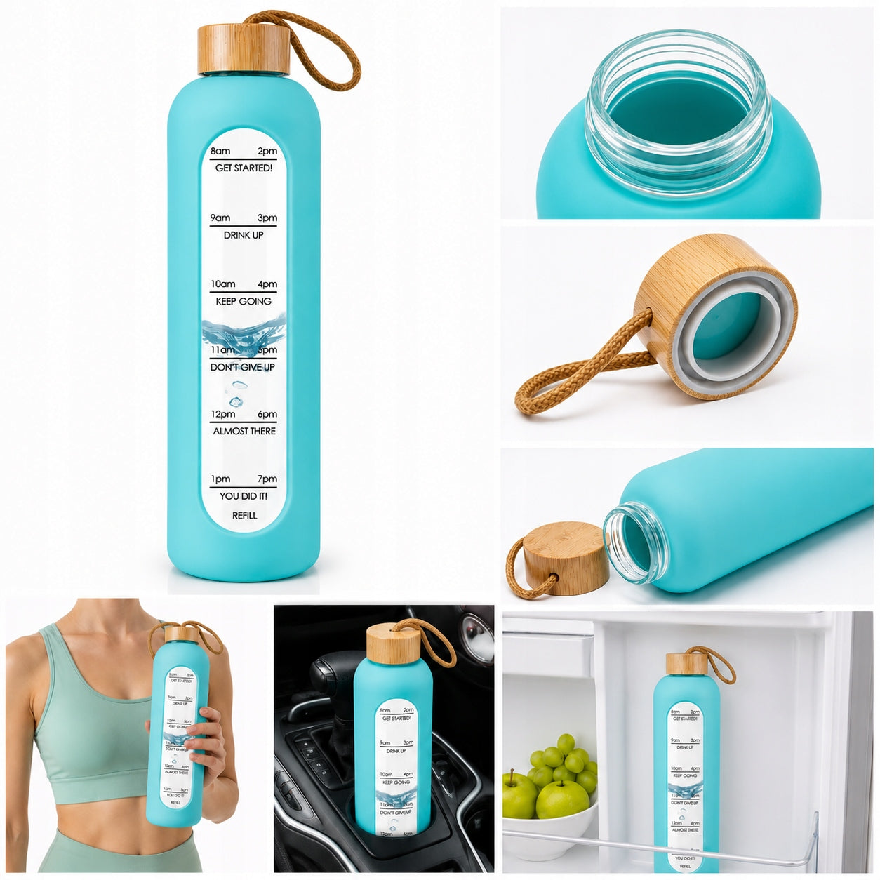 GLASS WATER BOTTLE 750 ML SILICONE CASE MOTIVATIONAL MEASURING CUP WATER BOTTLE Brand no brand