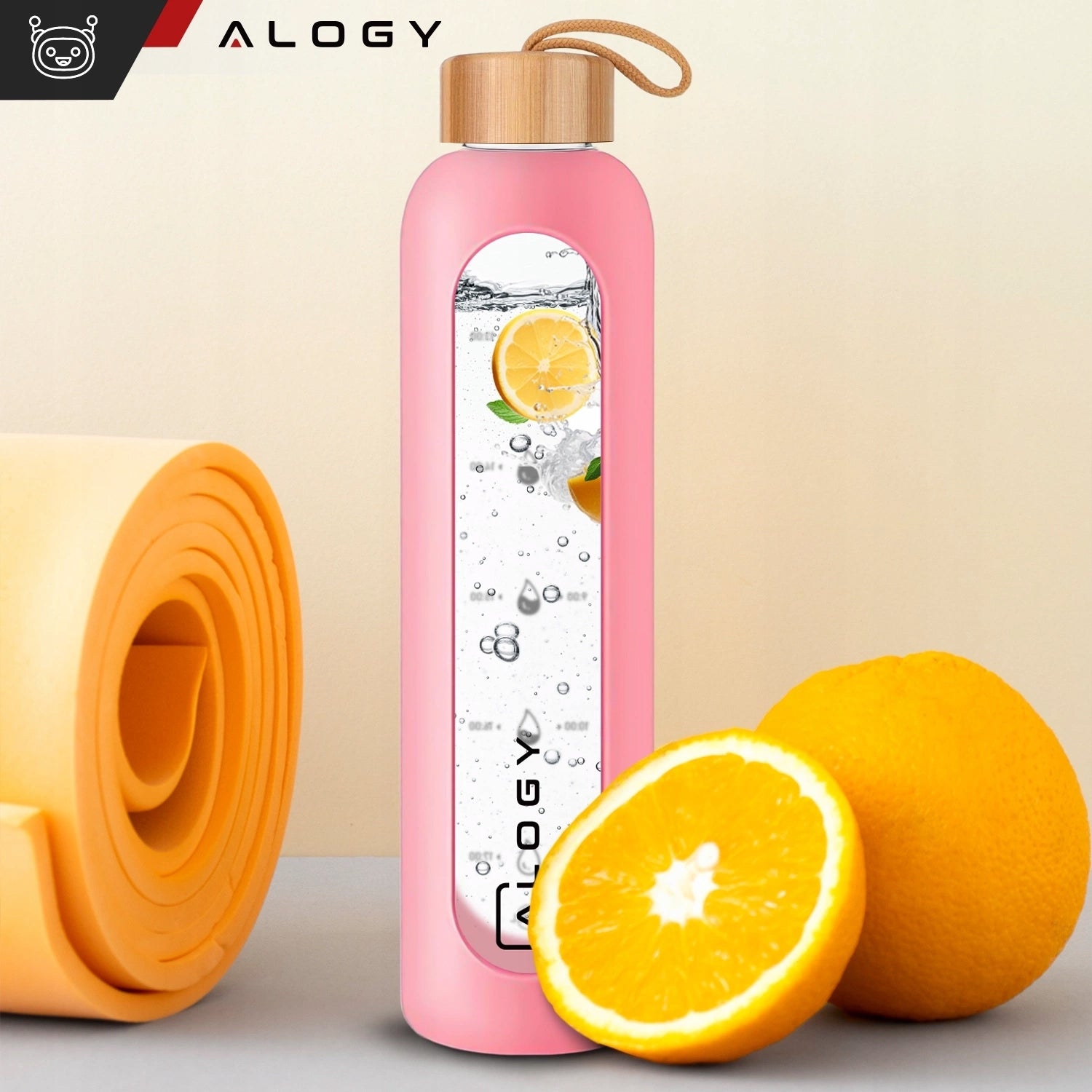 GLASS WATER BOTTLE MOTIVATIONAL WATER BOTTLE SEALED SILICONE CASE 1000 ML Color pink