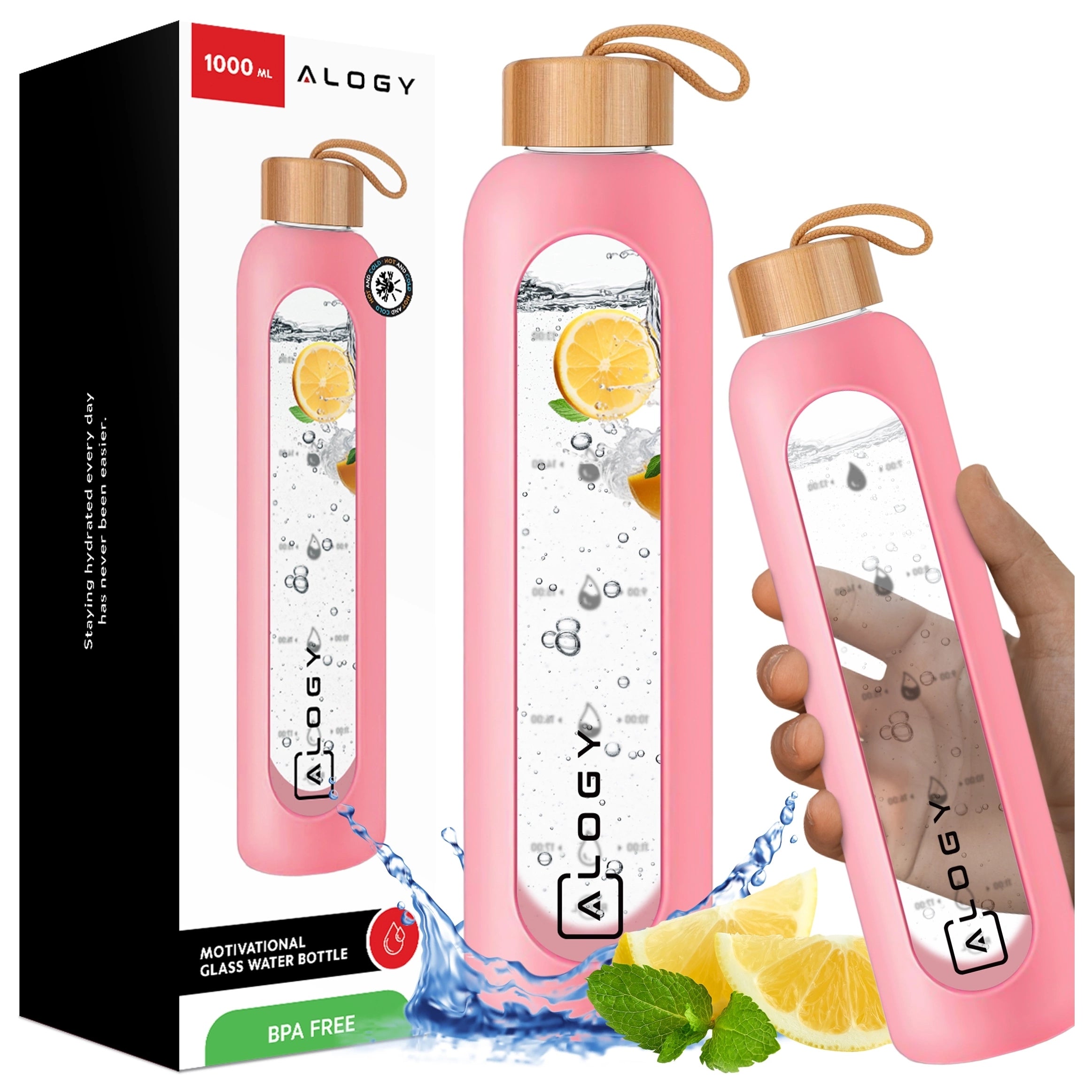 GLASS WATER BOTTLE MOTIVATIONAL WATER BOTTLE SEALED SILICONE CASE 1000 ML