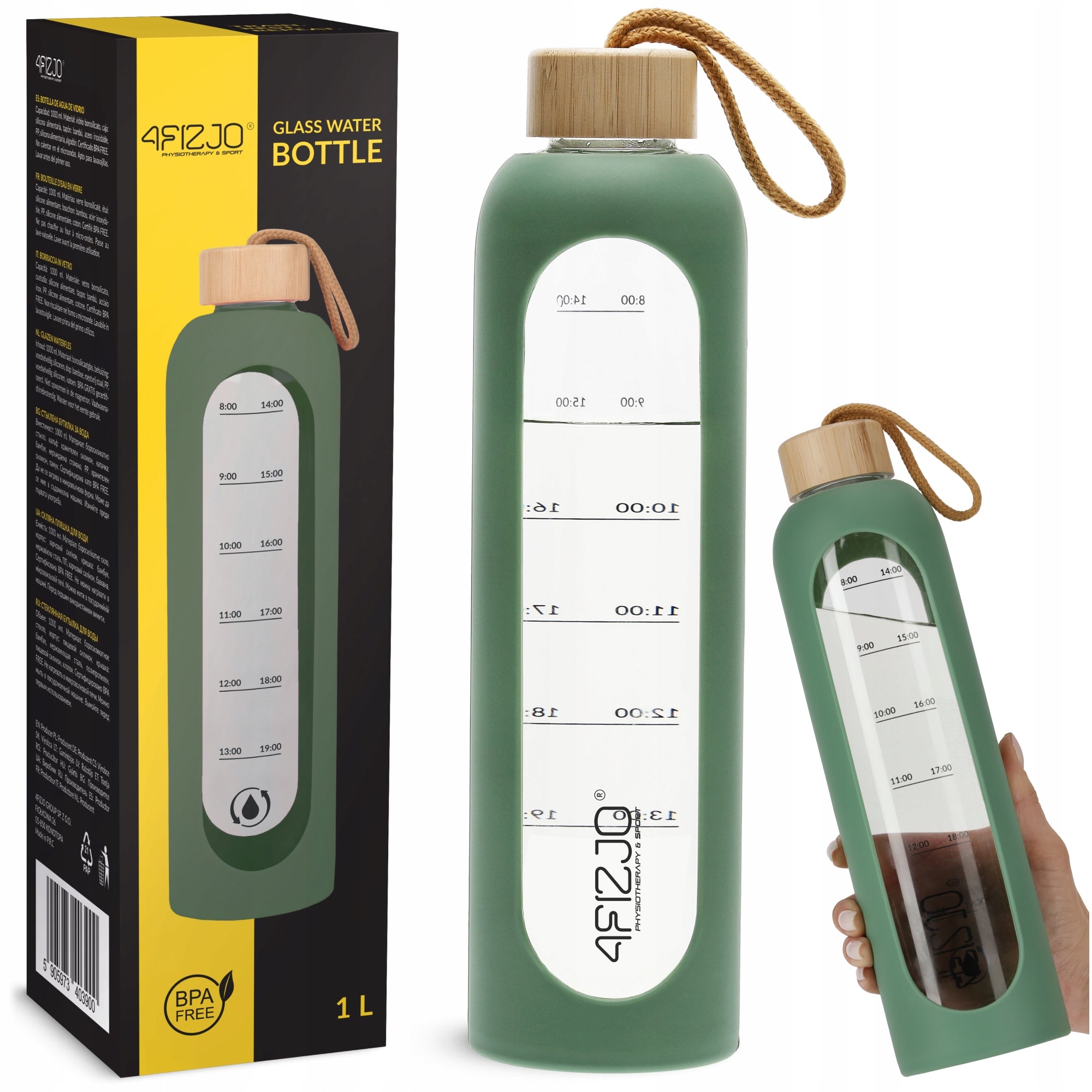 GLASS WATER BOTTLE MOTIVATIONAL WATER BOTTLE SEALED SILICONE CASE 4FIZJO