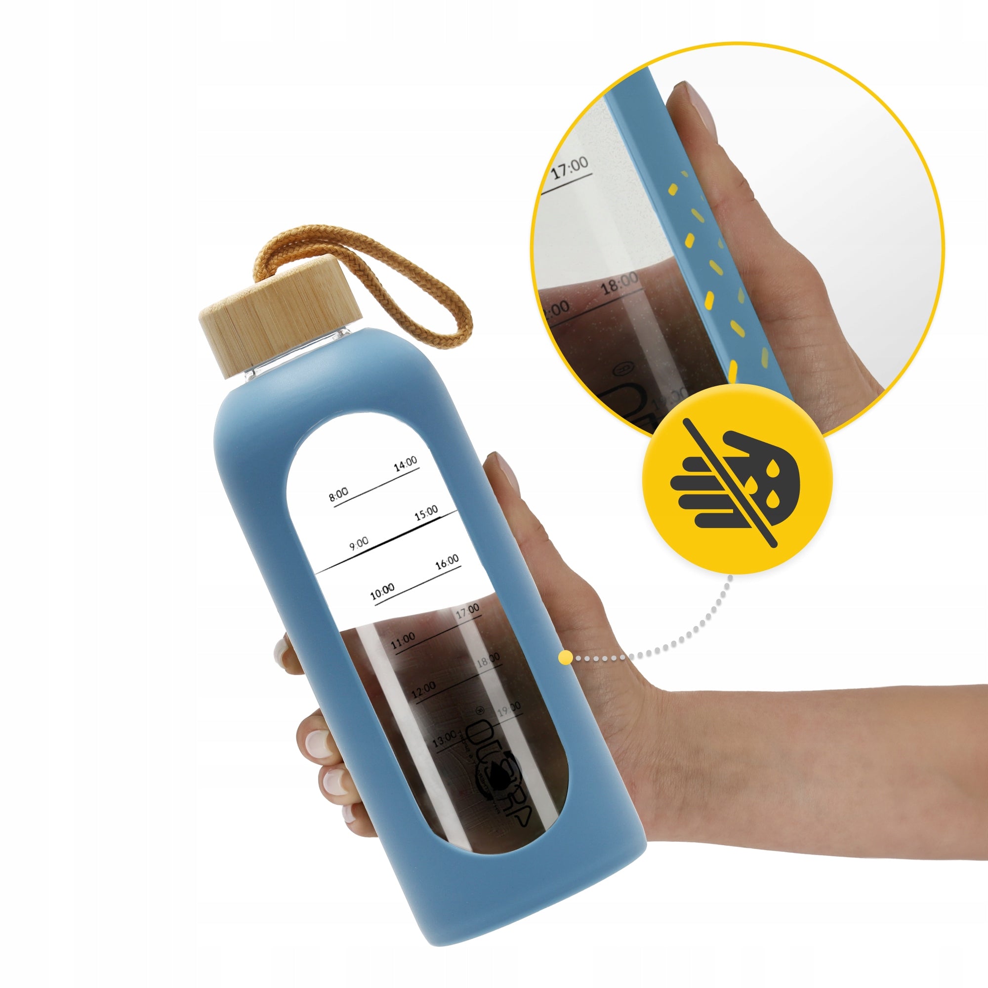 GLASS WATER BOTTLE MOTIVATIONAL WATER BOTTLE SEALED SILICONE CASE 750 ML Manufacturer code Szklana butelka sportowa na wodę WB28