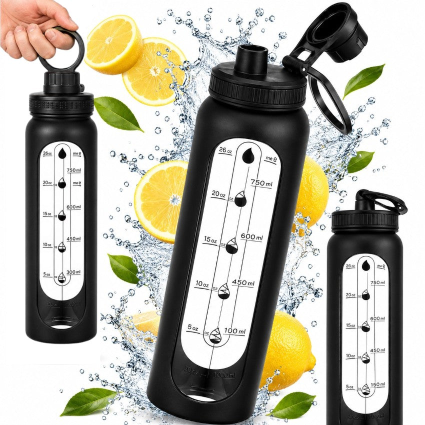 GLASS WATER BOTTLE SEALED WATER BOTTLE BLACK SILICONE COVER 1L