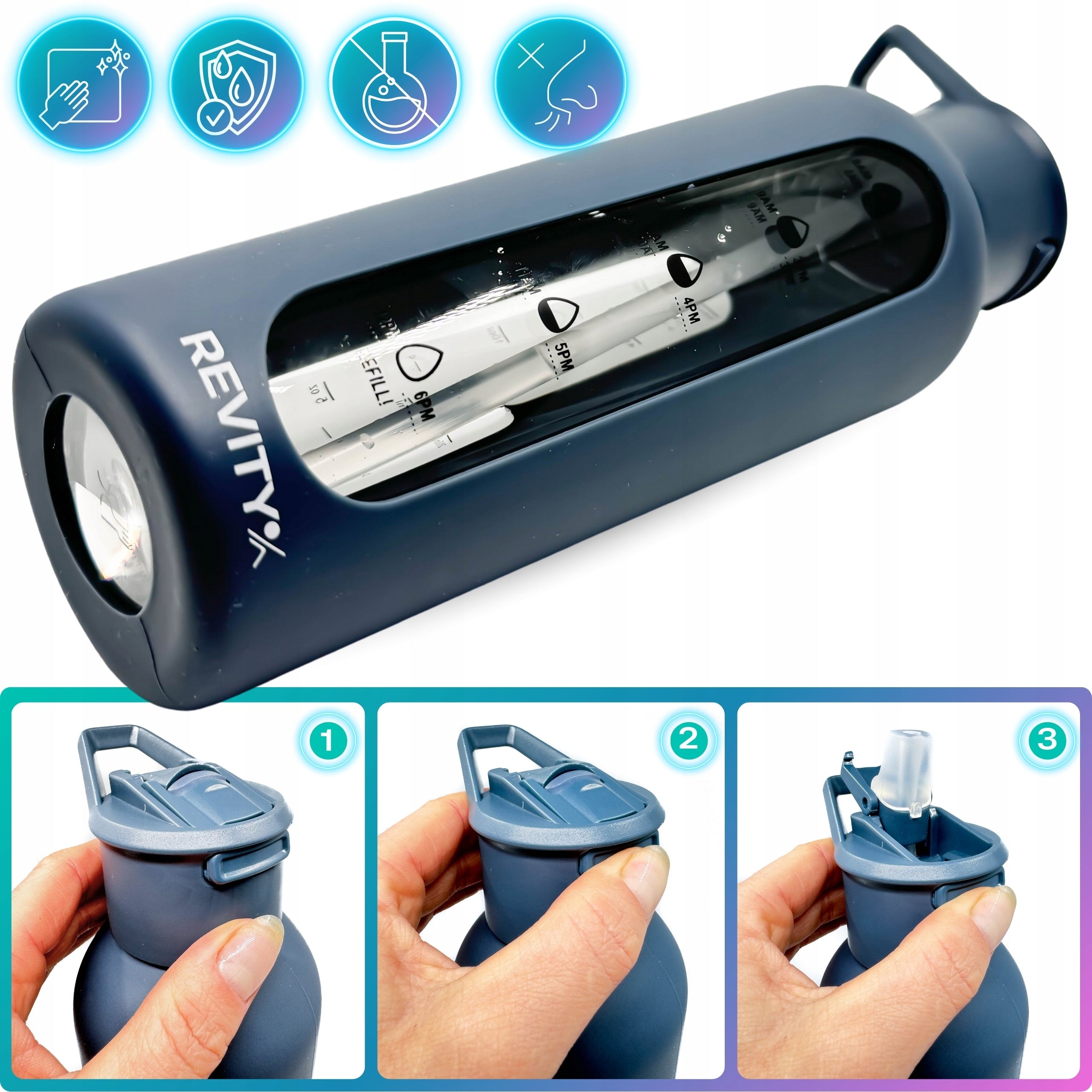 GLASS WATER BOTTLE SHAKER BOTTLE WITH MEASURING CUP AND SPOUT SILICONE CASE Brand Revity