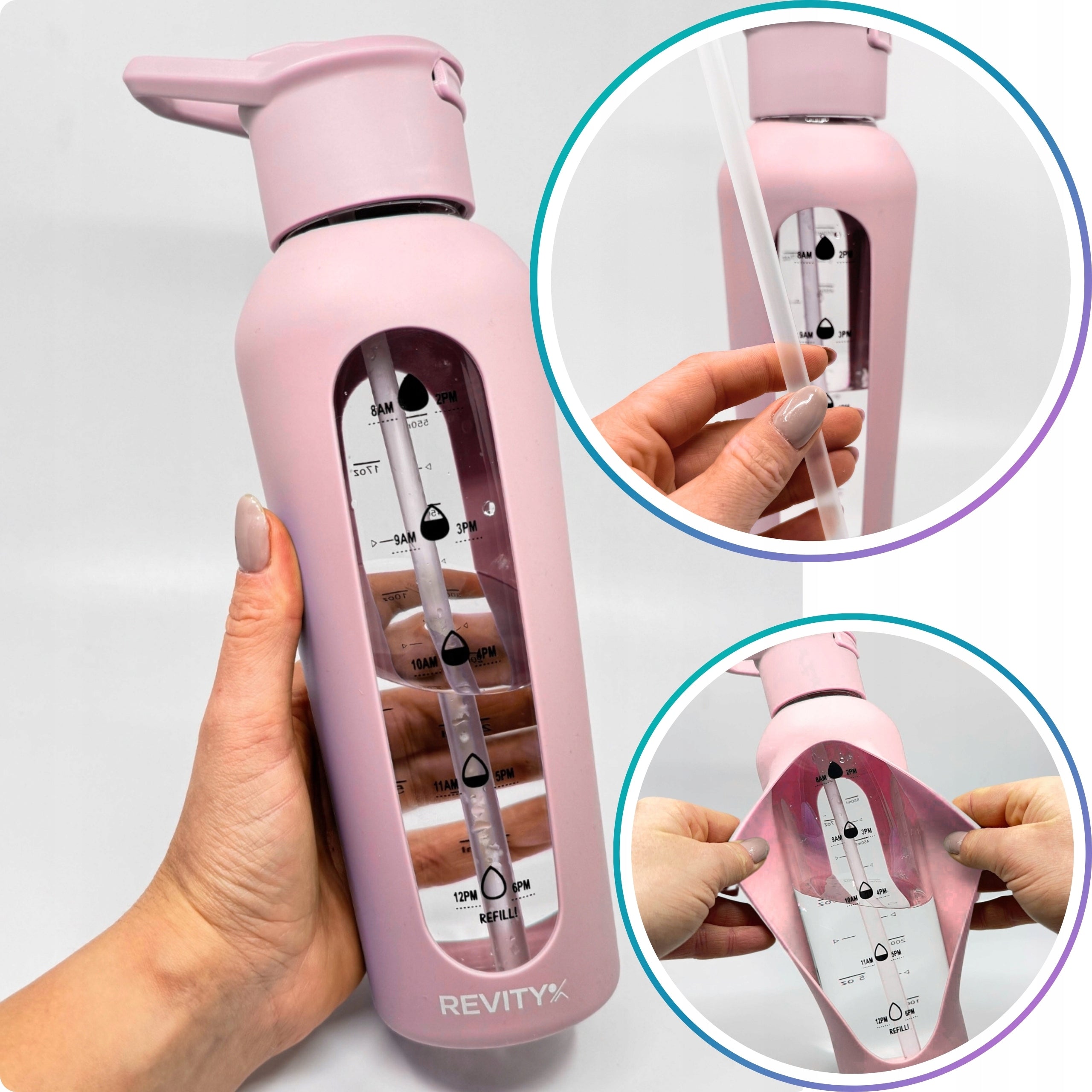 GLASS WATER BOTTLE SHAKER BOTTLE WITH MEASURING CUP AND SPOUT SILICONE CASE Packaging status original