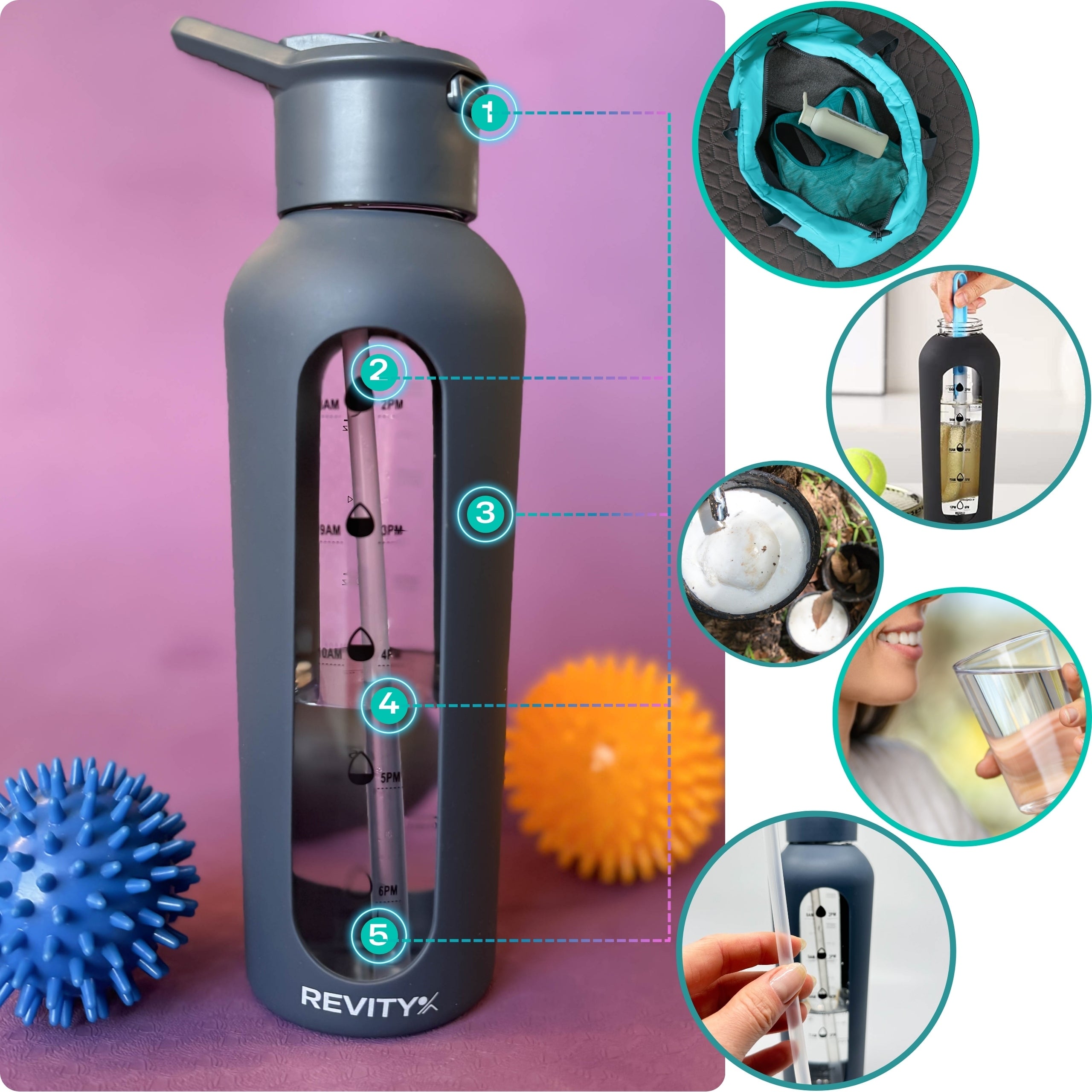 GLASS WATER BOTTLE SHAKER BOTTLE WITH MEASURING CUP AND SPOUT SILICONE CASE Volume 700 ml