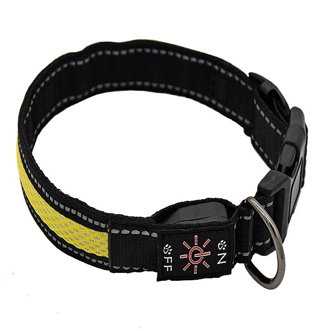 GLOWING DOG COLLAR LED YELLOW USB FABRIC 3 MODES 44-51 cm