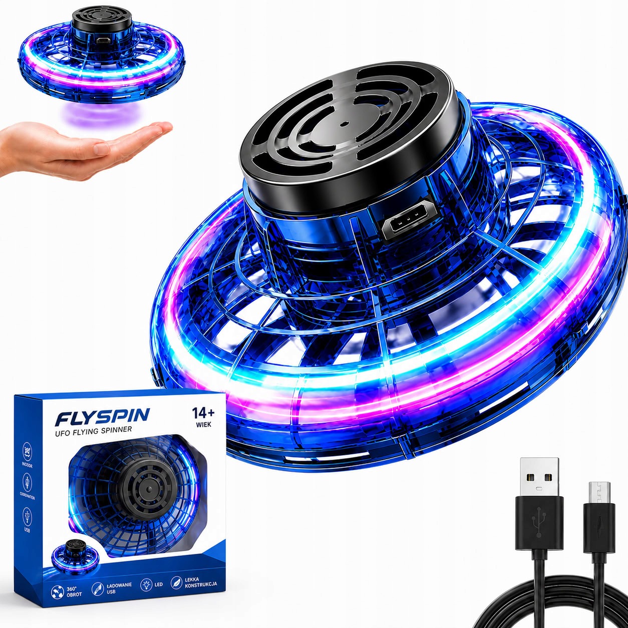 GLOWING SPINNER UFO LED FLYING DISC BOOMERANG TOY USB RECHARGEABLE