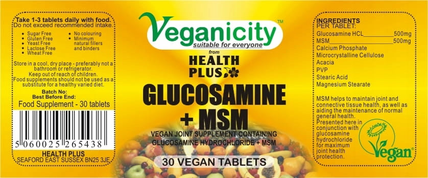 GLUCOSAMINE HCL 500mg + MSM 500mg WEGE COMPLEX Brand Veganicity