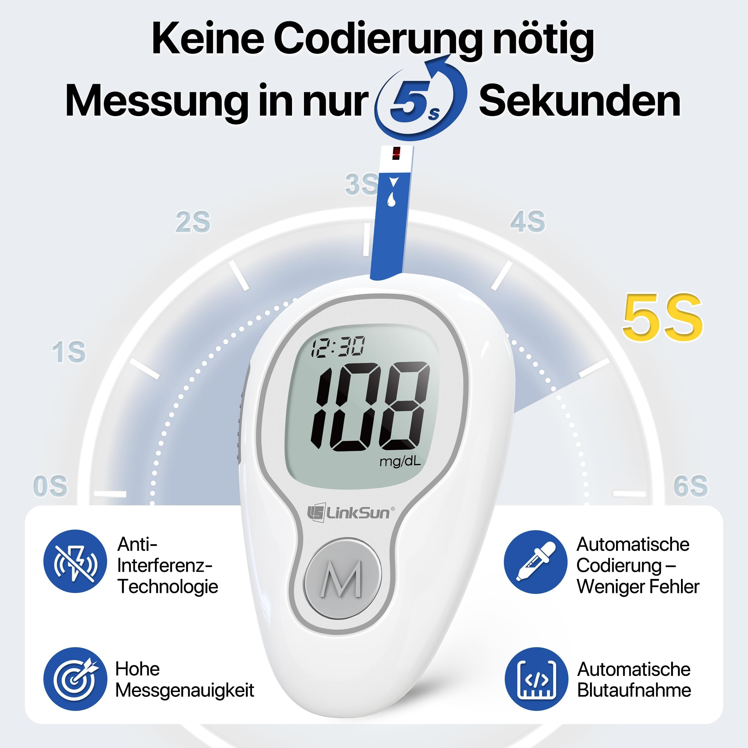 GLUCOSE METER SET OF 100 TEST STRIPS 5S DIABETIC HOME SUGAR MEASUREMENT Medical device yes