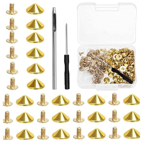 GOLD CONICAL SPIKES 10MM SET OF 100PCS FOR DIY LEATHER CLOTHES METAL