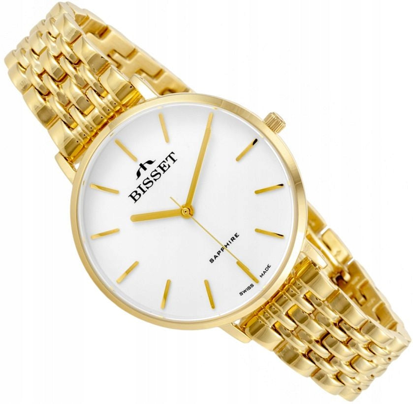 GOLD SWISS WOMEN'S WATCH BISSET BSBF32 SAPPHIRE GLASS SLIM 33mm