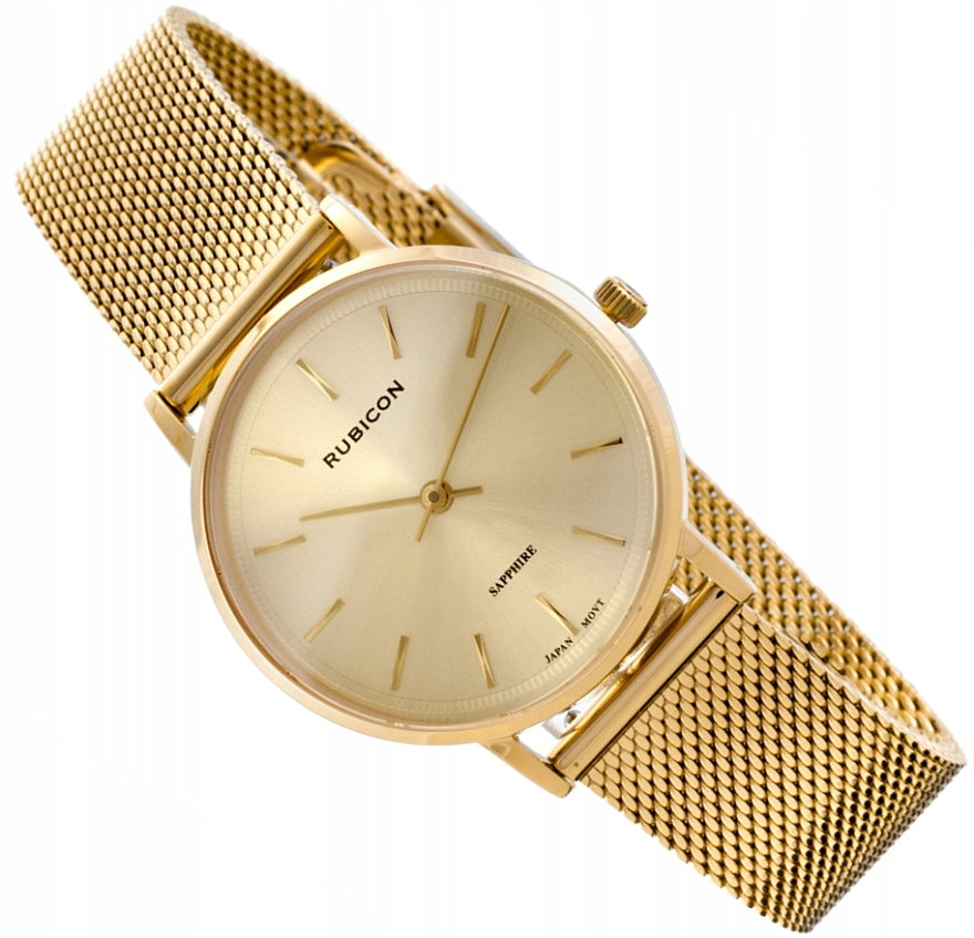 GOLD WOMEN'S WATCH RUBICON RNBD88 RBN211 ELEGANT MESH SAPPHIRE BOX 32mm