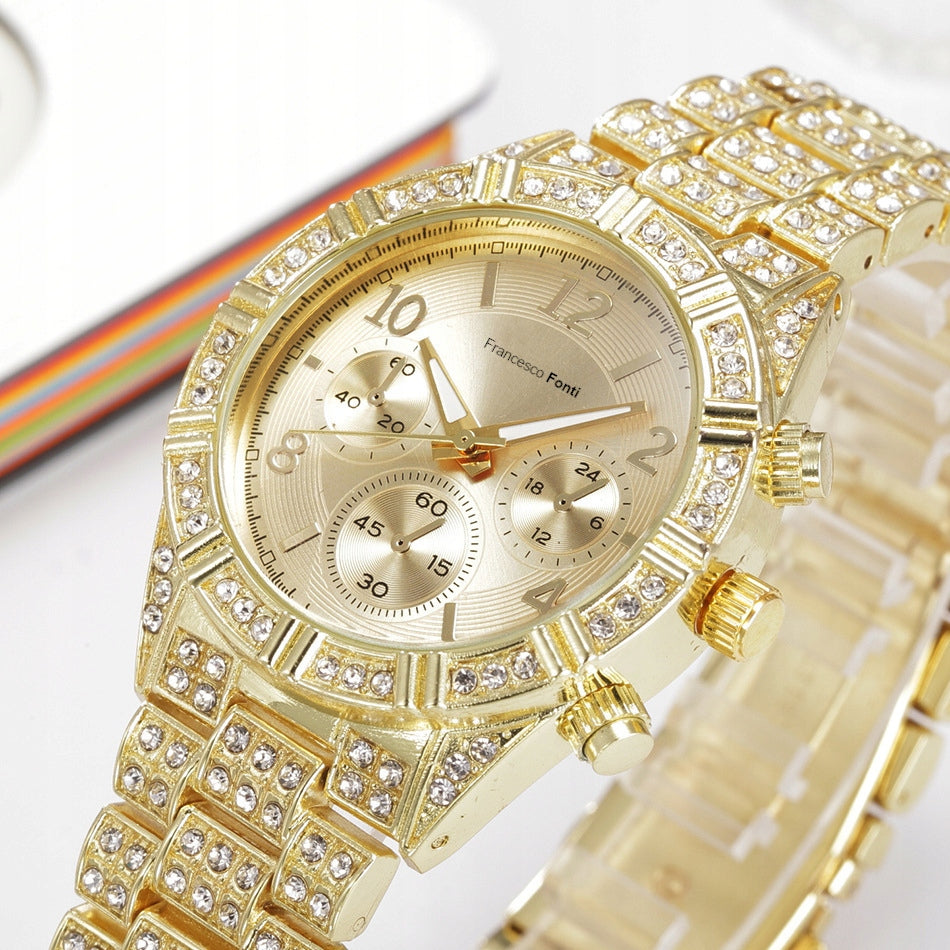 GOLD WOMEN'S WATCH WITH CRYSTALS ON BRACELET 585 AS A GIFT FOR WIFE Brand Francesco Fonti