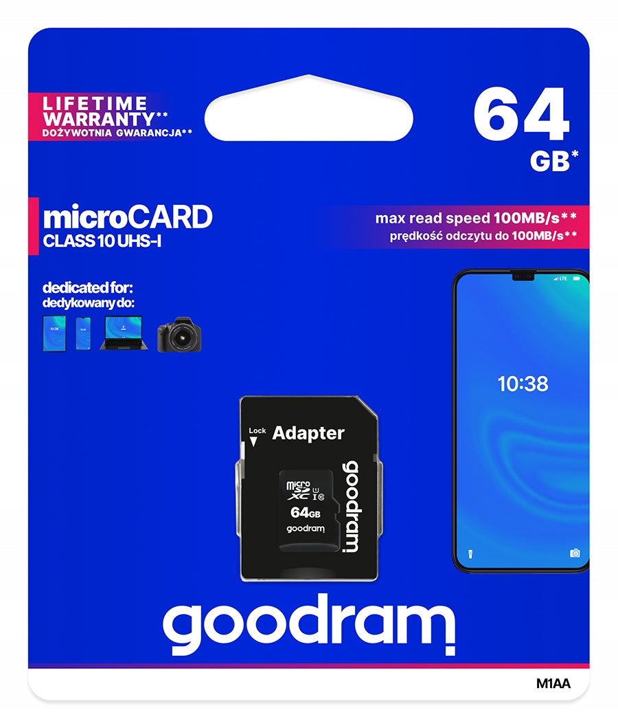GOODRAM MicroSDXC 64 GB CLASS 10 UHS-I/U1 Micro SD card + SD Adapter