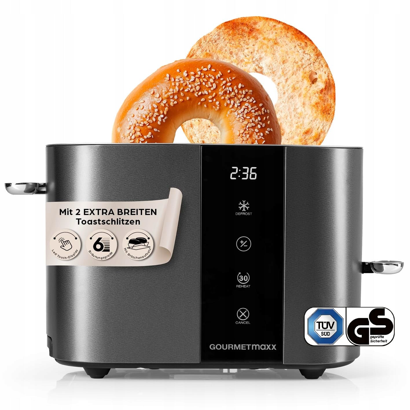 GOURMETmaxx toaster 2 slices grey 800W touch screen 15679