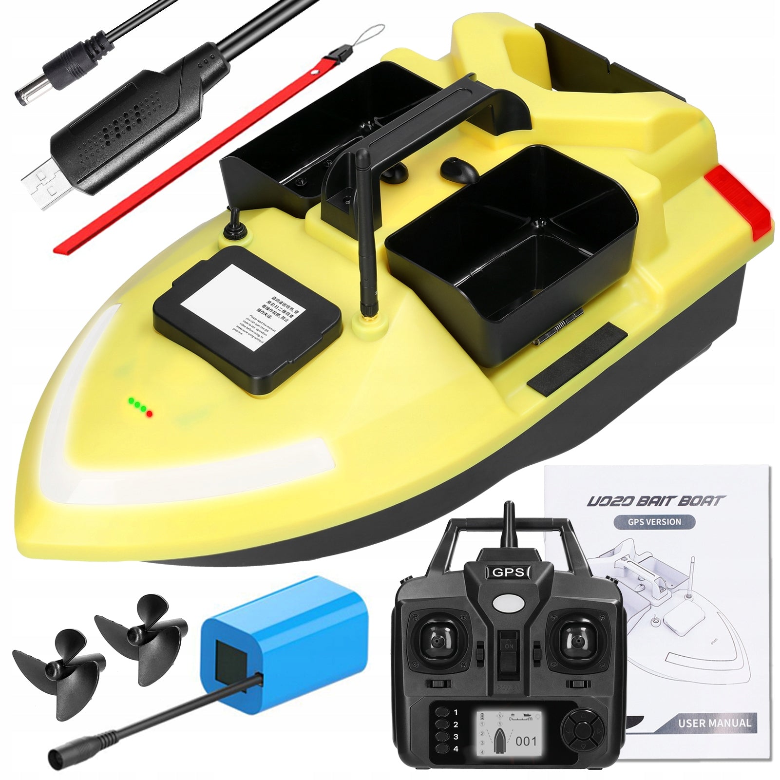 GPS BAIT BOAT V020 500M LED RC BOAT 2KG 10KM/H 12000mAh -Yellow