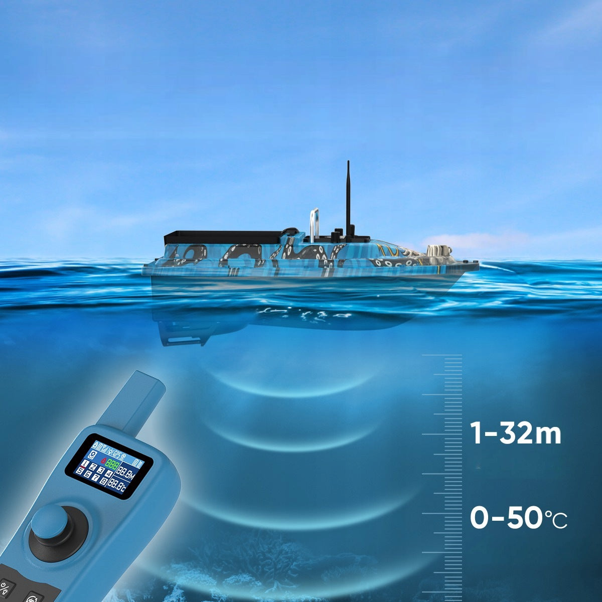 GPS bait boat Sonar 1-32m 0-50°C Range 500m LOKEEVAN D32ED 12000mAh Manufacturer code EU-DWC-D32ED-DW-BL-12000