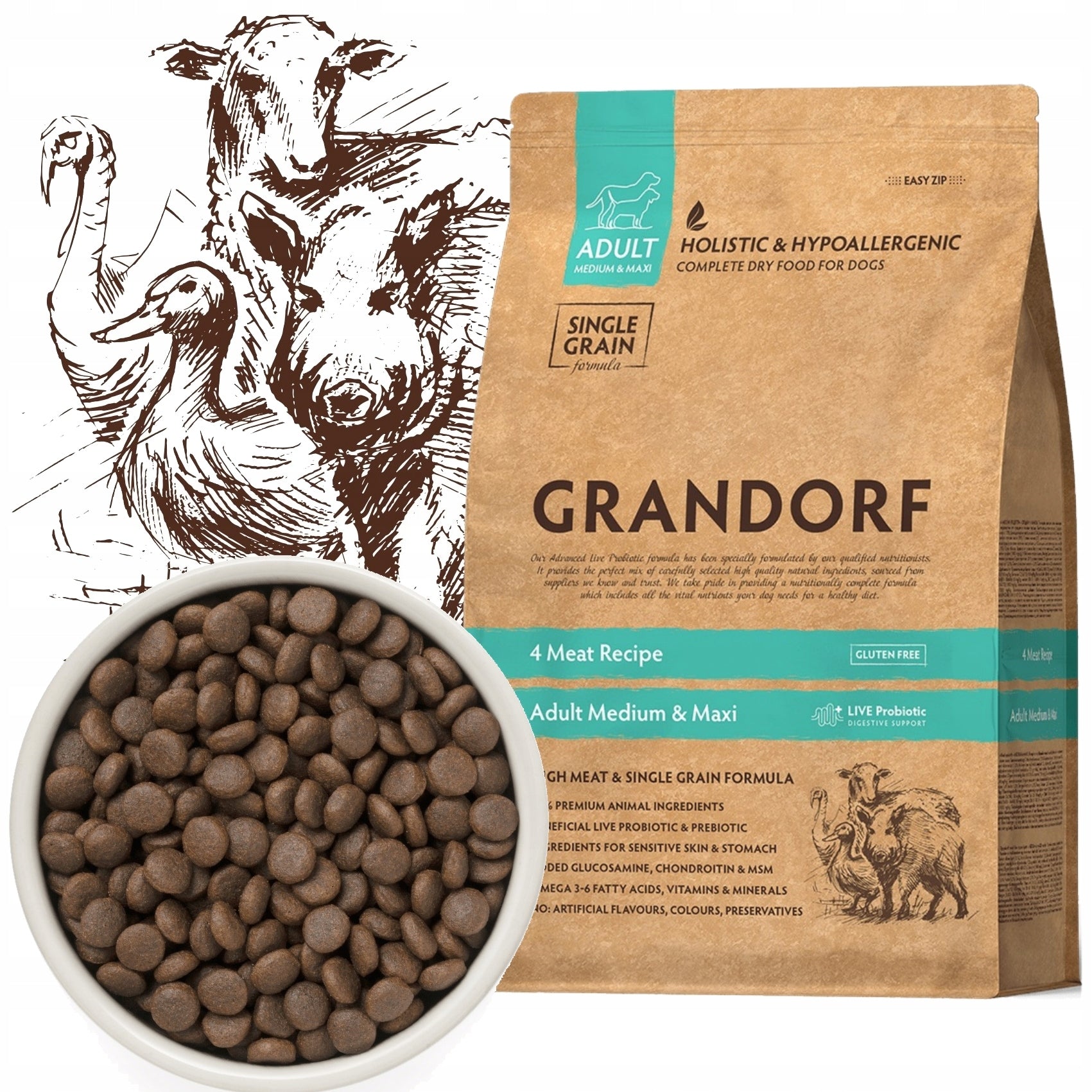 GRANDORF 4 MEAT MEDIUM MAXI ADULT 4 MEAT DRY DOG FOOD 10kg