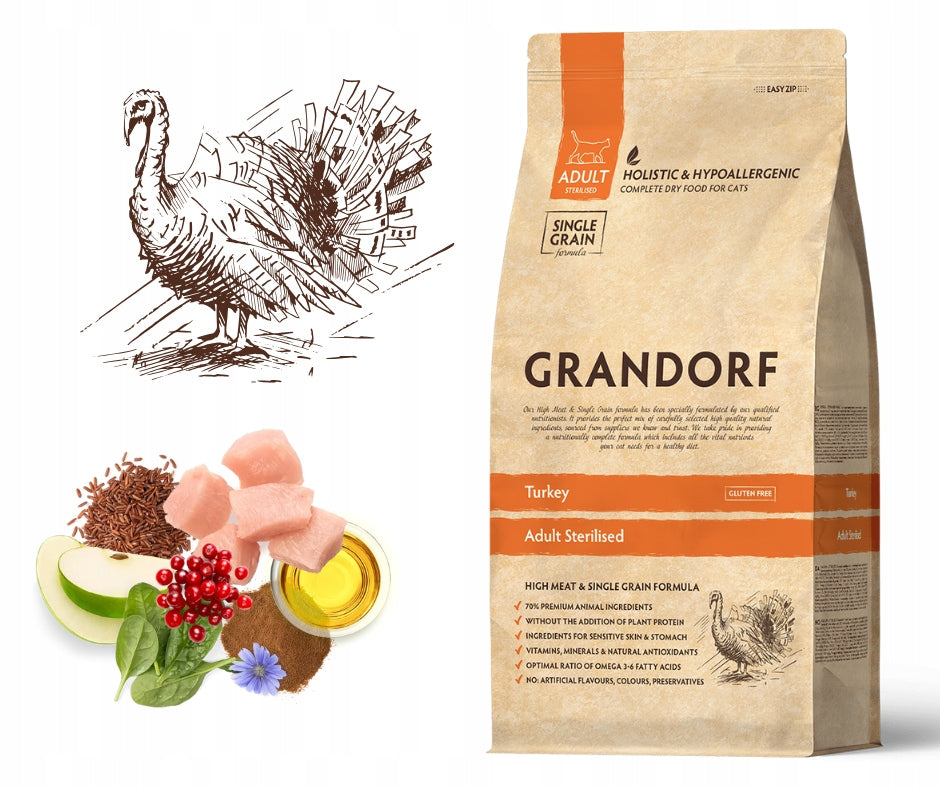 GRANDORF Turkey Adult Sterilised 2 kg + FREEBIE BALL WITH CAT