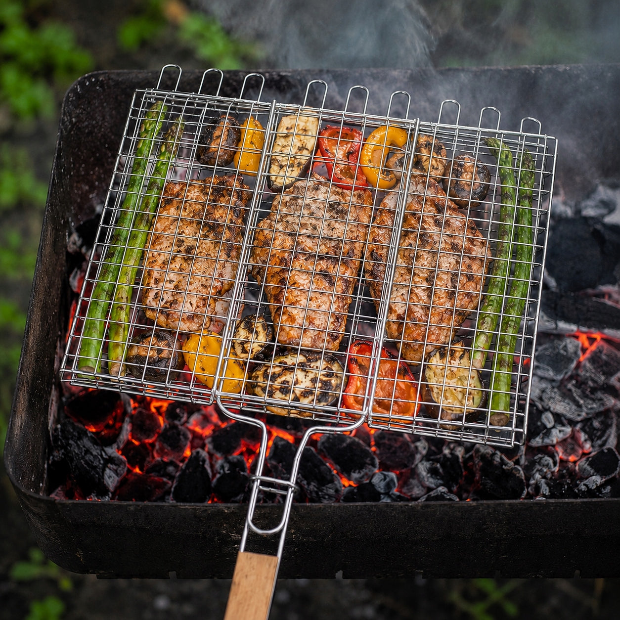 GRATE GRID GRILLING FISH MEAT VEGETABLES WOODEN HANDLE GRILL Manufacturer Allbag