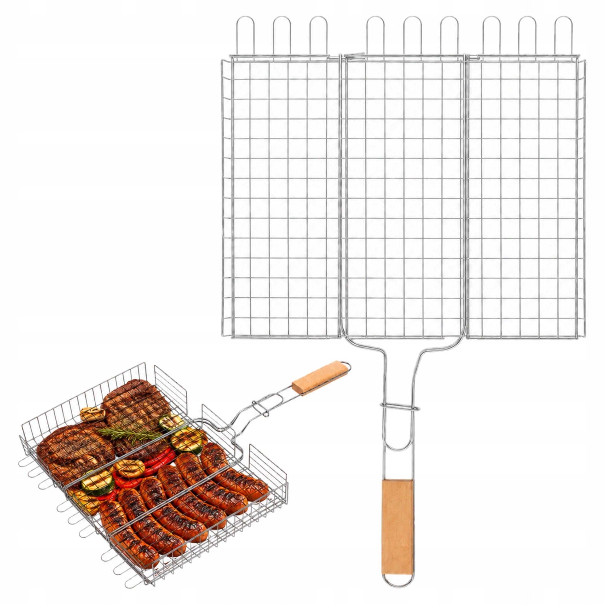 GRATE GRID GRILLING FISH MEAT VEGETABLES WOODEN HANDLE GRILL