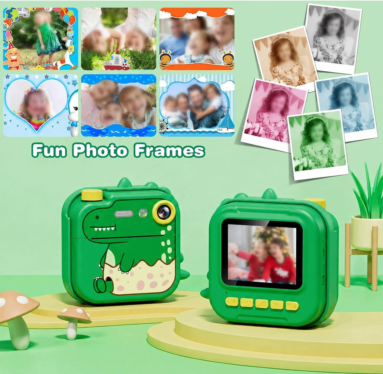 GREEN CAMERA FOR CHILDREN WITH THE POSSIBILITY OF PRINTING - DINOSAUR MOTIF Manufacturer code 5908124308291