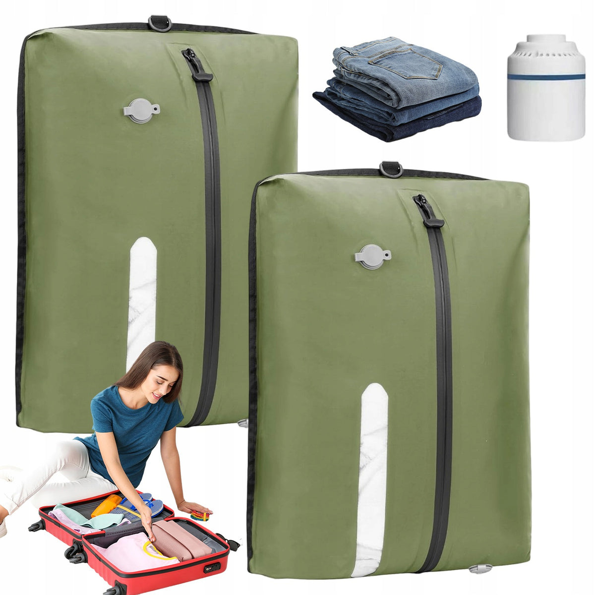 GREEN COMPRESSION BAG FOR STORAGE WITH D HOOKS FOR HANGING