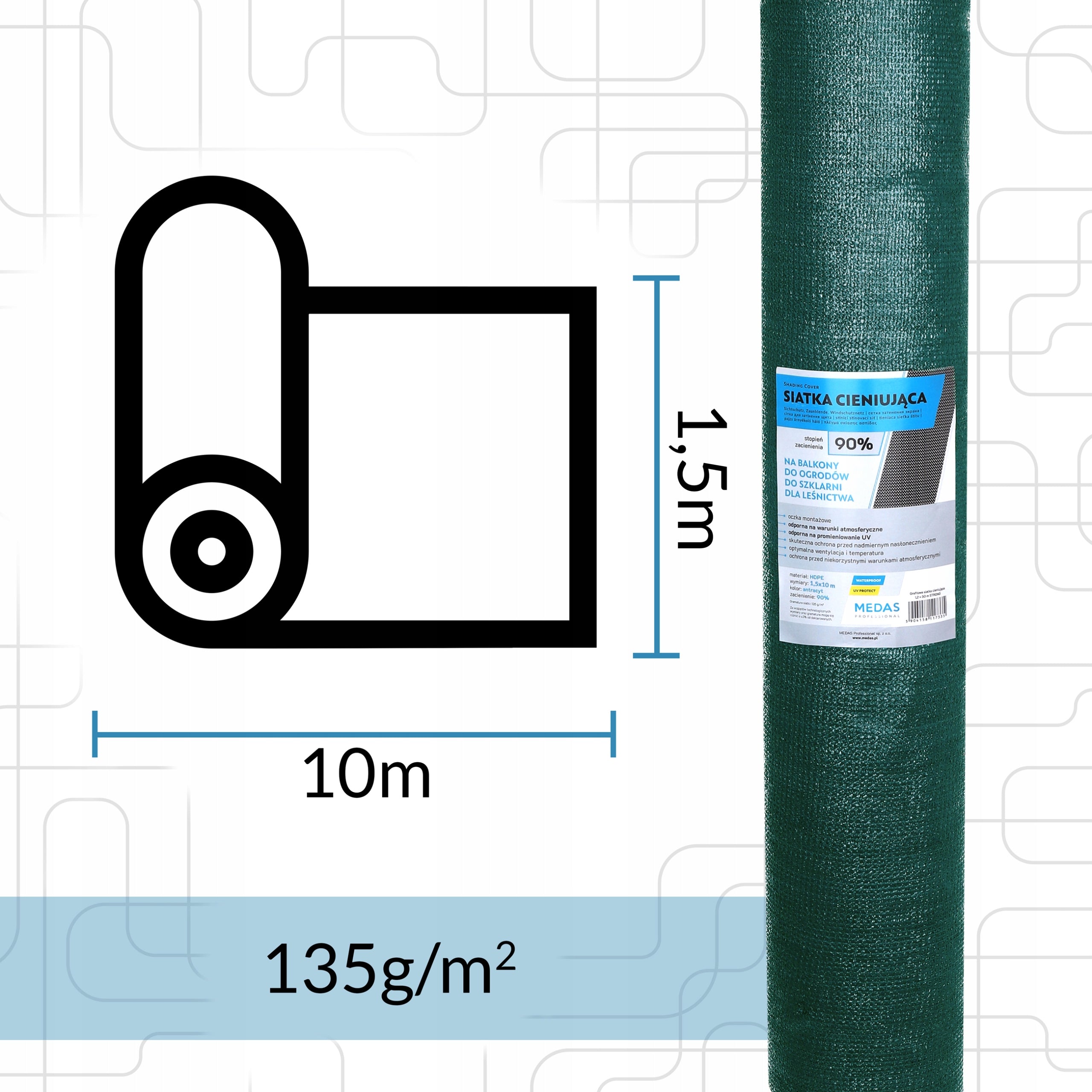 GREEN SHADING MESH 90% SHIELDING 1,5X10M UV Height 1.5 m