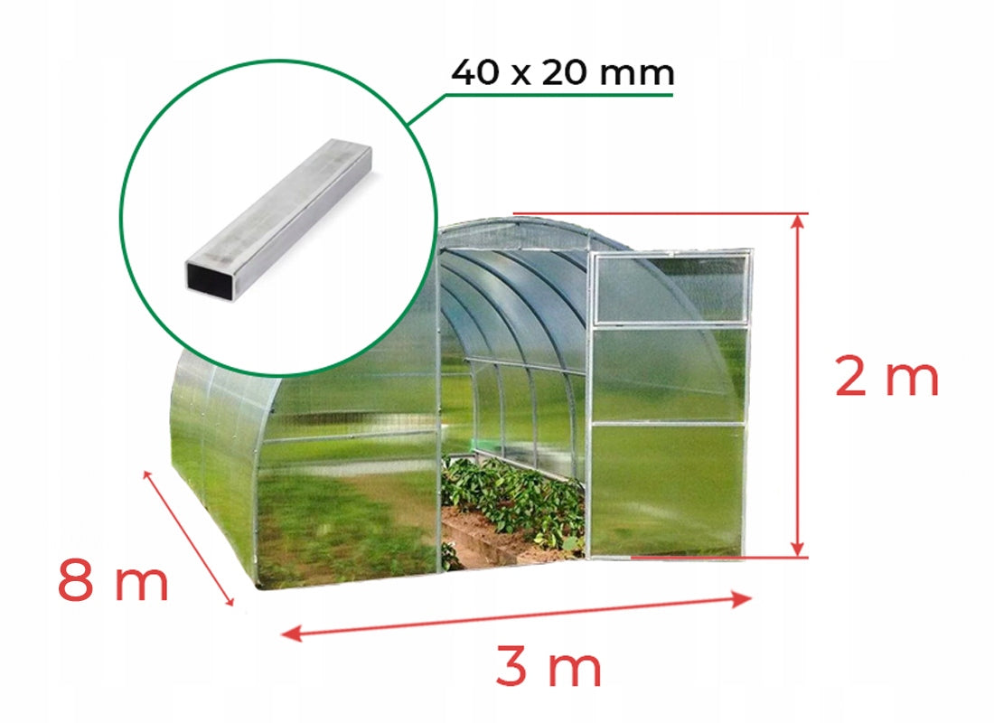 GREENHOUSE MADE OF POLYCARBONATE 6mm - 3x8m with ZINC 40x20mm Manufacturer code Mocna 3x8m poliwęglan 6mm