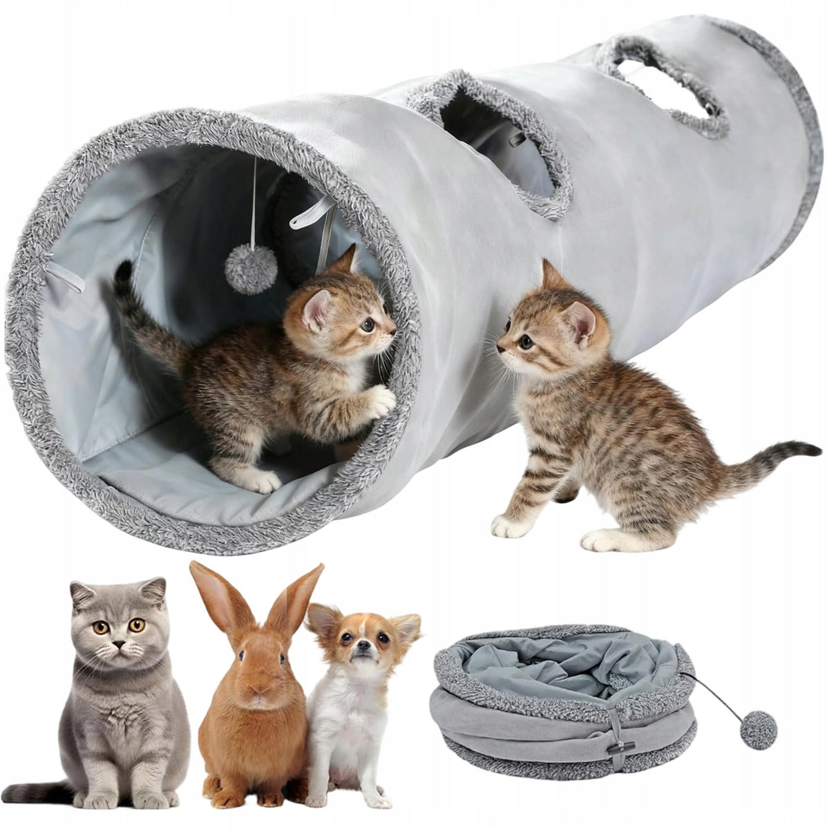 GREY FAUX SUEDE CAT TUNNEL WITH SIDE HOLES AND HANGING BALL