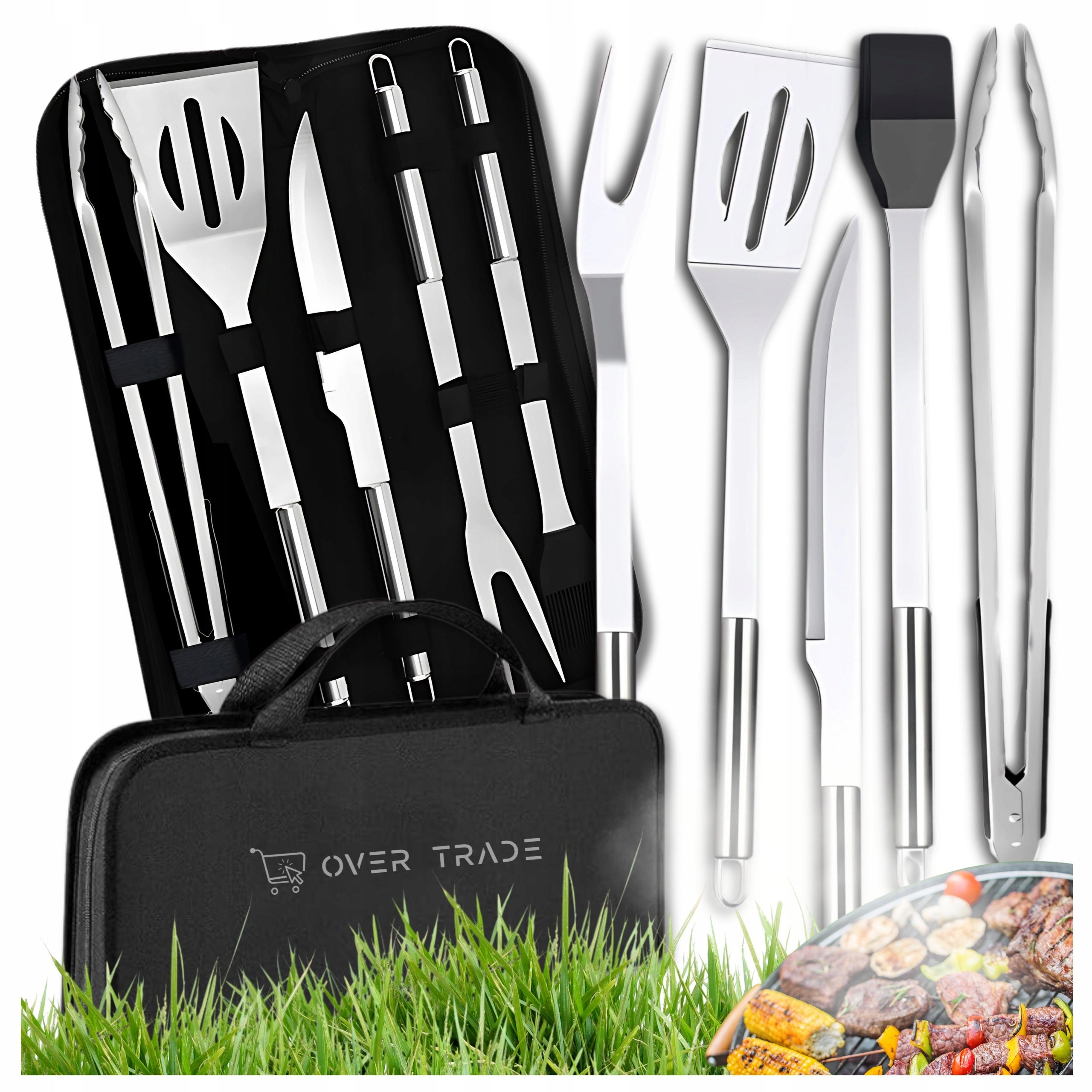 GRILL ACCESSORIES SET XXL STAINLESS STEEL PLIERS UTENSILS +ETUI