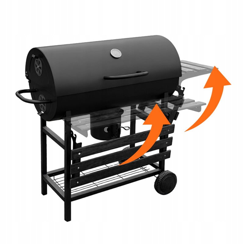 GRILL BARREL WITH LID LARGE CHARCOAL GARDEN WITH SHELVES THERMOMETER ASHTRAY Grill height 94 cm