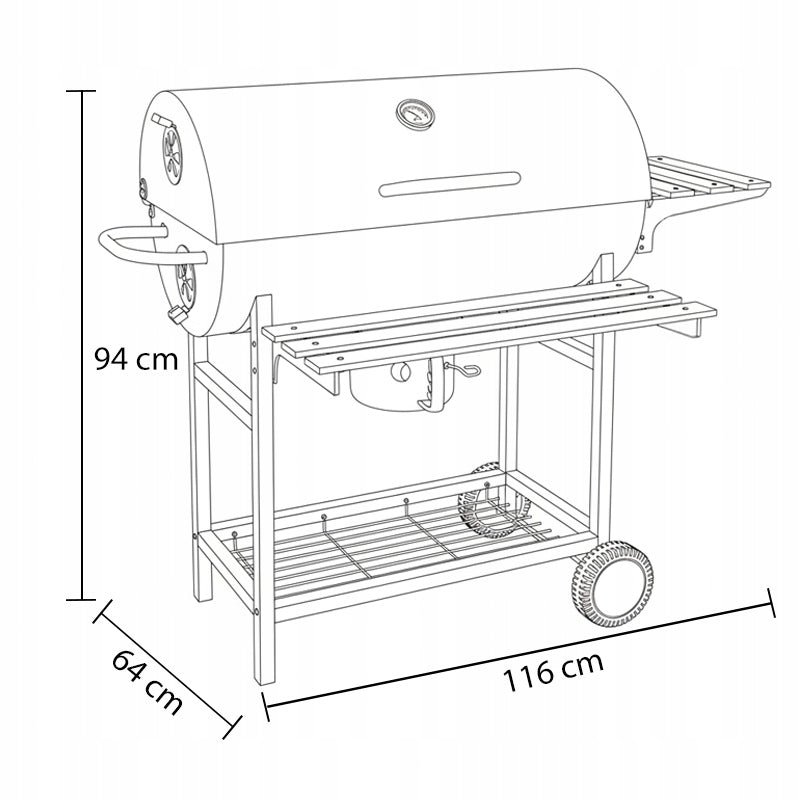GRILL BARREL WITH LID LARGE CHARCOAL GARDEN WITH SHELVES THERMOMETER ASHTRAY Manufacturer VELACO