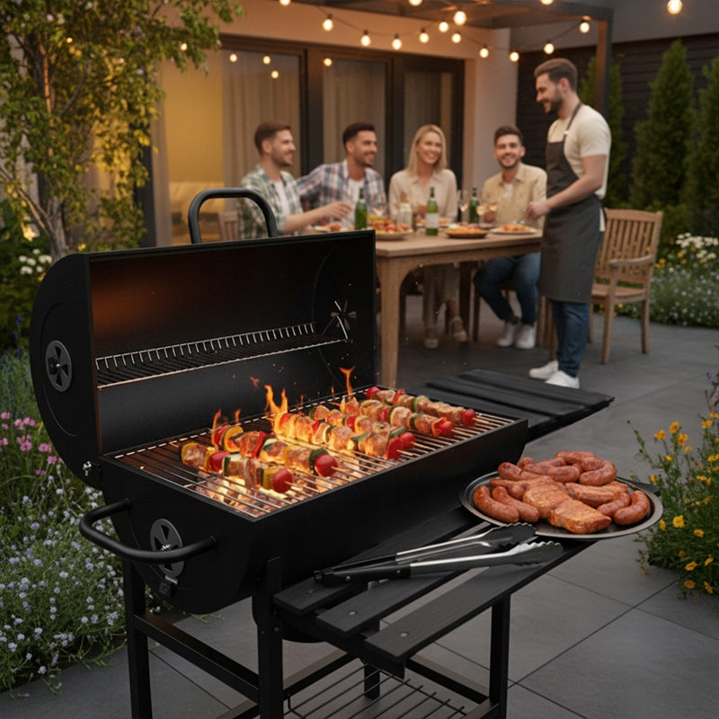 GRILL BARREL WITH LID LARGE CHARCOAL GARDEN WITH SHELVES THERMOMETER ASHTRAY Manufacturer code VL03 CZARNY
