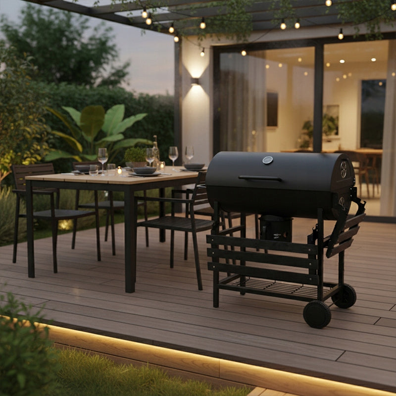 GRILL BARREL WITH LID LARGE CHARCOAL GARDEN WITH SHELVES THERMOMETER ASHTRAY Packaging status original