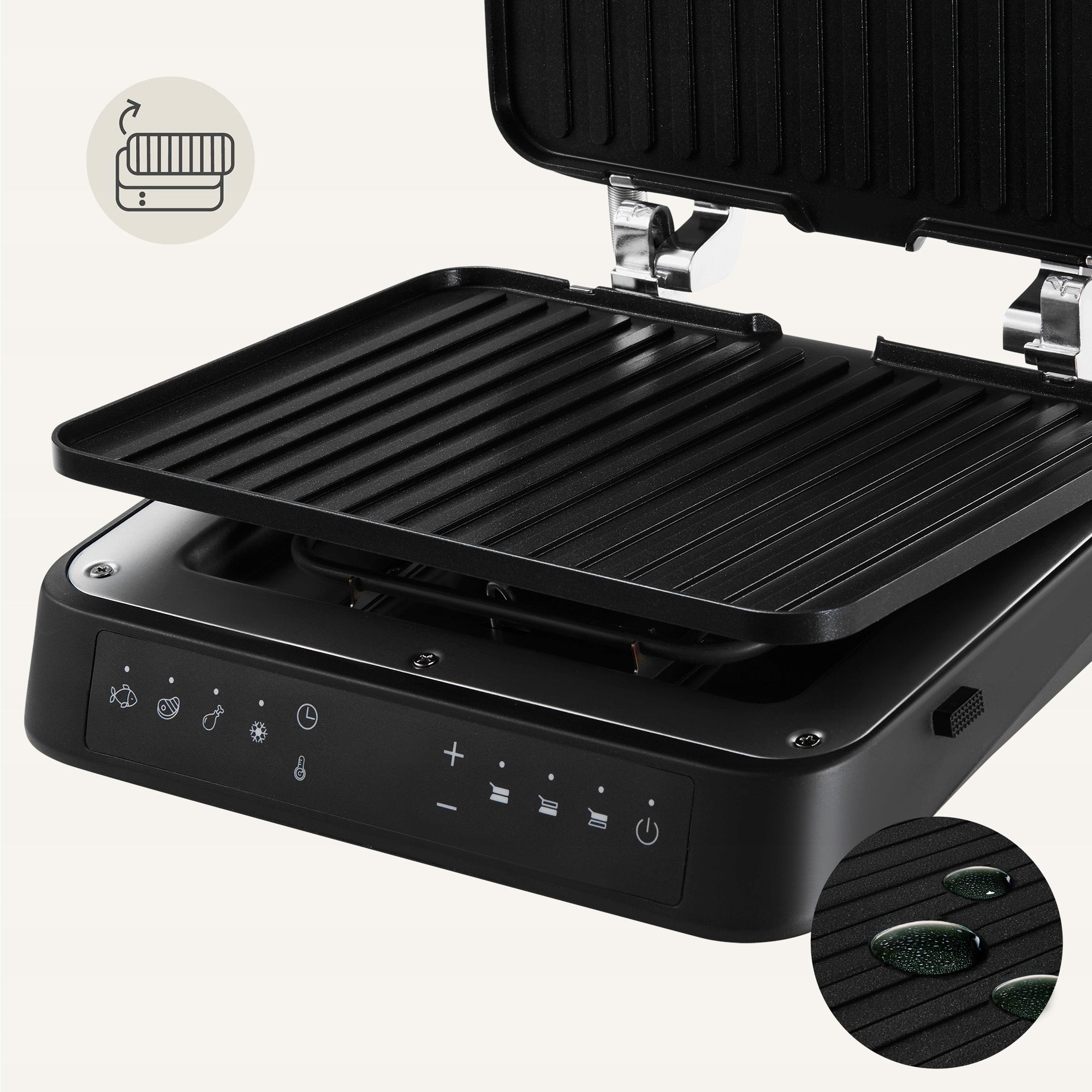 GRILL ELECTRIC FOLDING TOASTER 2000W Timer Panini 2 THERMOSTATS Dominant color black