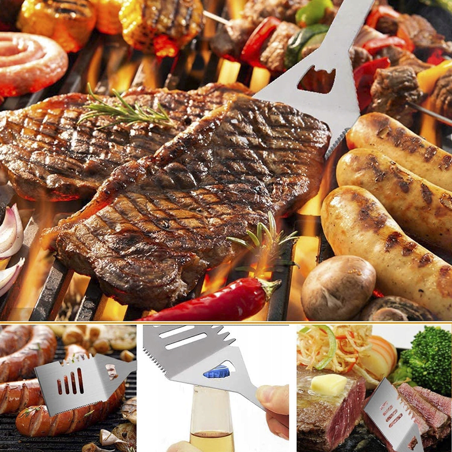 GRILL SET BBQ accessories set steel 4in1 + CASE Manufacturer code ŁOPATKA PĘDZEL WIDELEC SZCZYPCE NA GRILL XXL