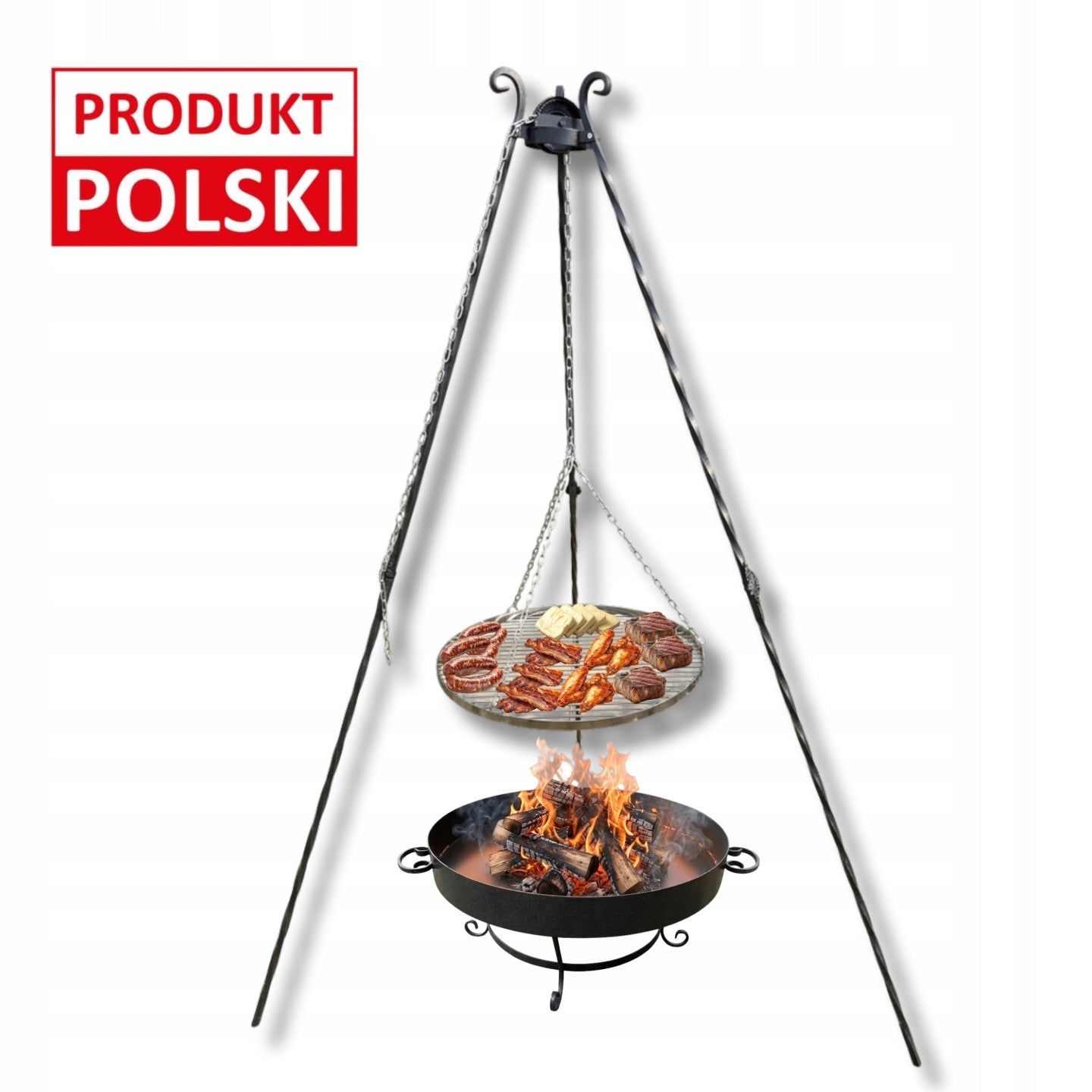 GRILL TRIPOD FORGED WITH HEARTH 60cm GRATE WITH CHAINS Stand over the fireplace Manufacturer code PALENISKO OGRODOWE