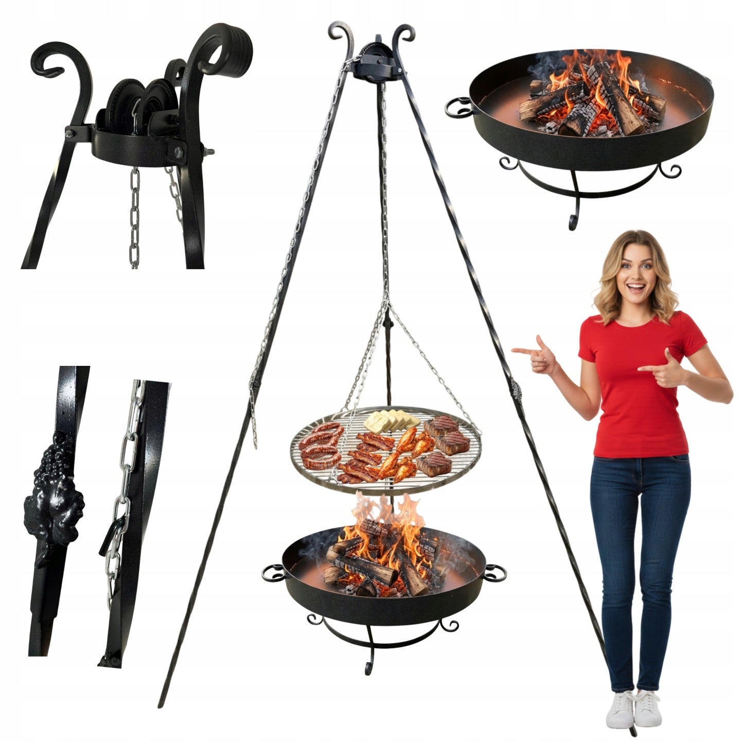 GRILL TRIPOD FORGED WITH HEARTH 60cm GRATE WITH CHAINS Stand over the fireplace