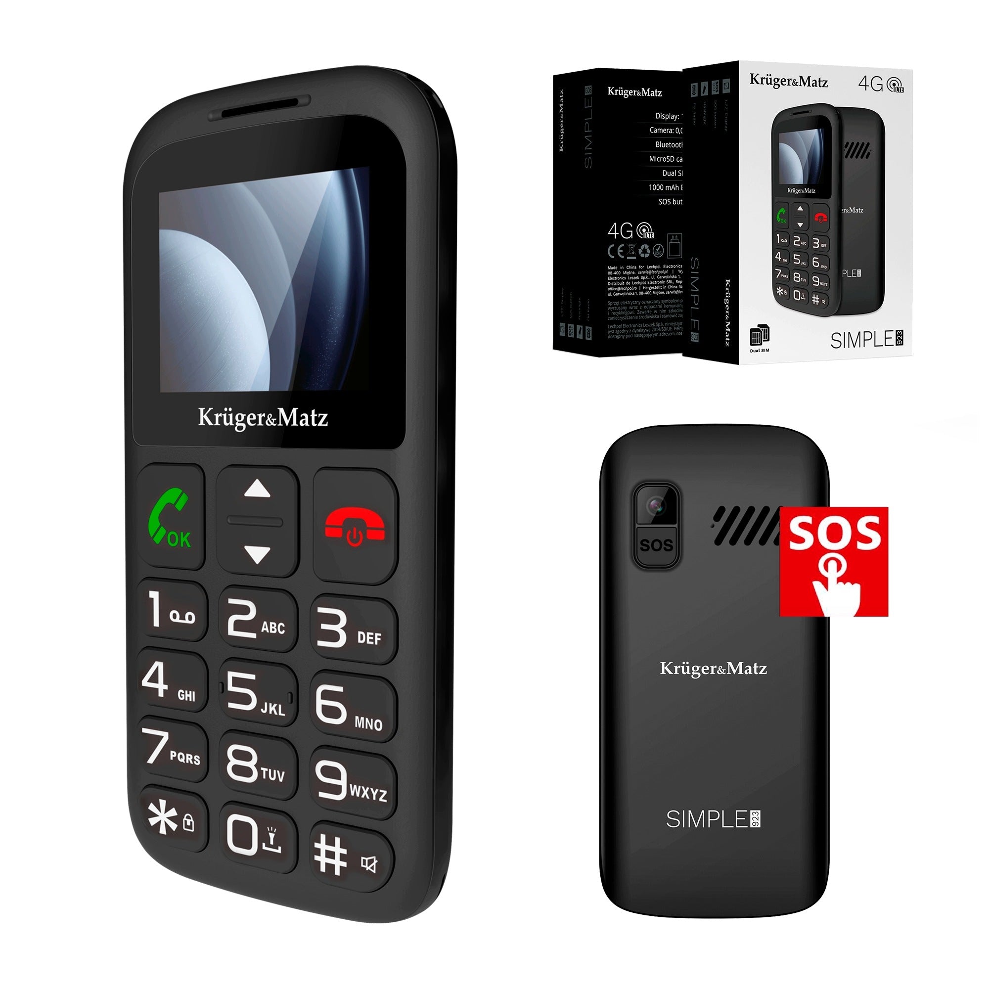 GSM phone for senior Kruger&Matz radio SOS voice recorder 48/128 Simple 923 4G